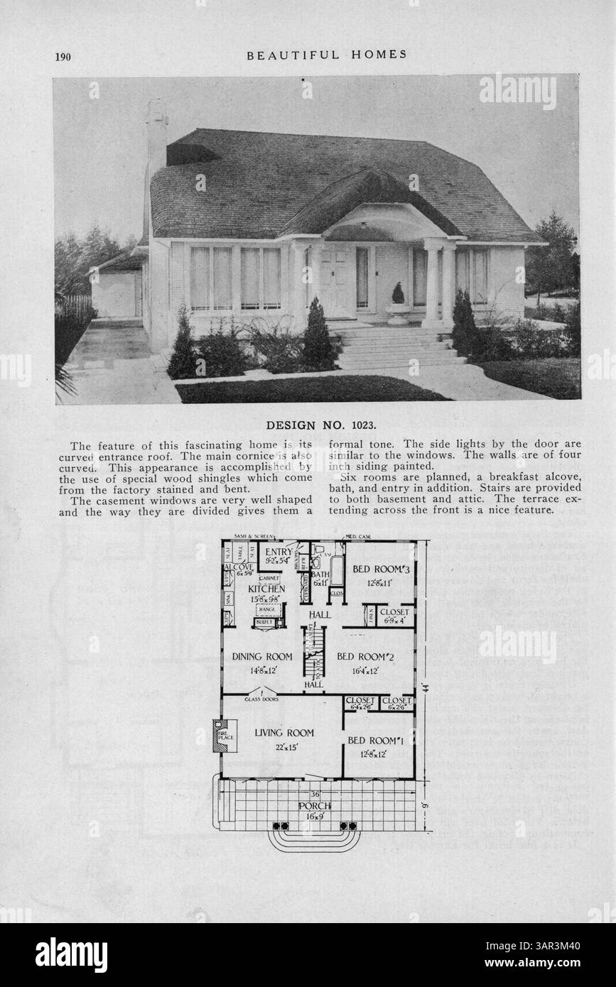 Présentant plus de 200 plans de maisons, ce livre propose des options allant de simples maisons à ossature de bois à des maisons plus grandes et plus élaborées en brique, tuile et pierre. Il comprend des articles de design sur la personnalisation des maisons, des aménagements de cuisine idéaux, et des traitements appropriés pour les murs, le chauffage et l'éclairage. Le guide énumère également les constructeurs nationaux de maisons et les annonces pour les fournitures de construction. Certaines pages sont manquantes. Banque D'Images