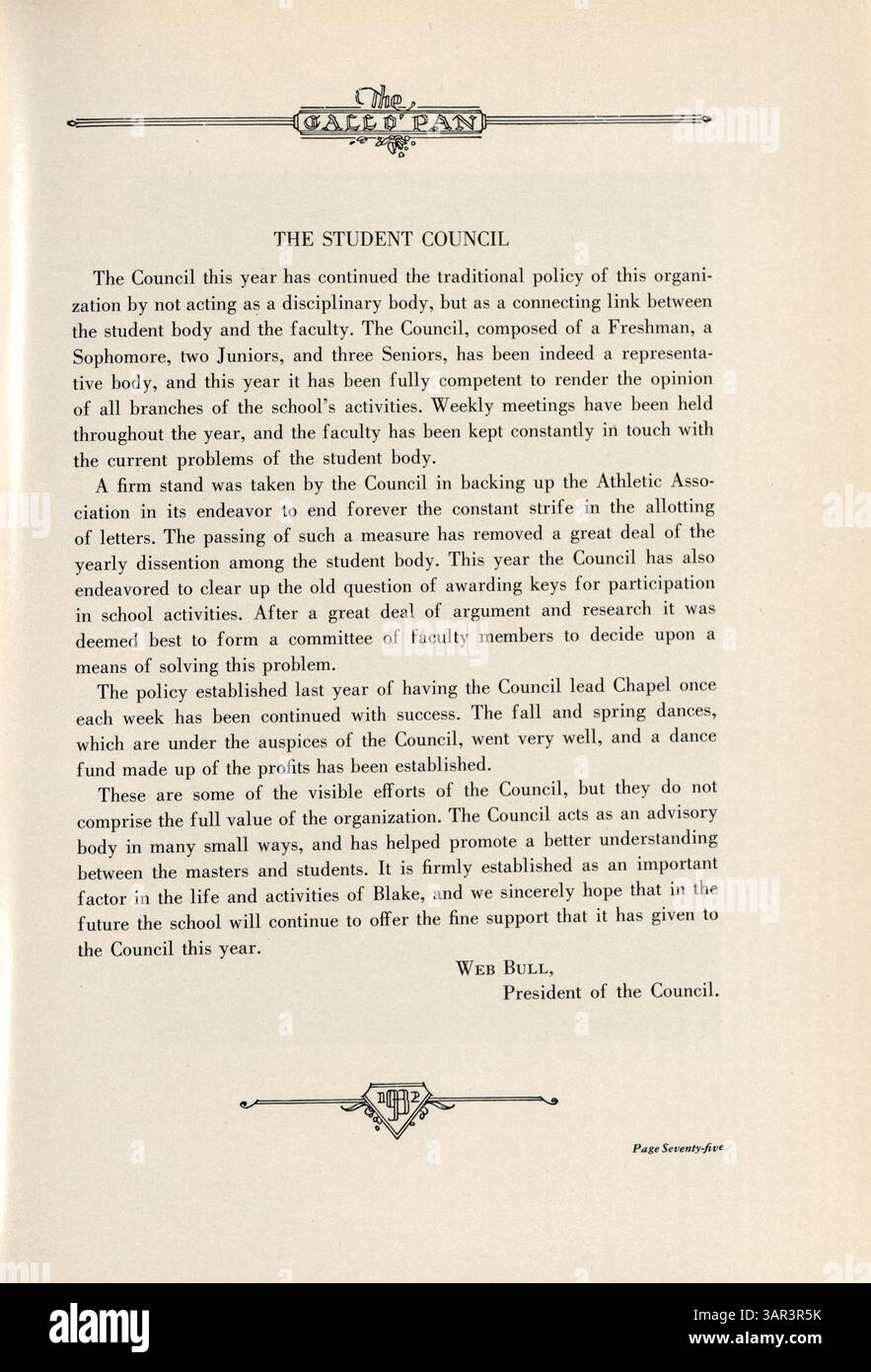 L'Annuaire Blake 1932, Call-O'-Pan, détaille les personnes, les clubs, l'athlétisme et les événements importants de l'année scolaire 1931-1932 à Blake. Banque D'Images