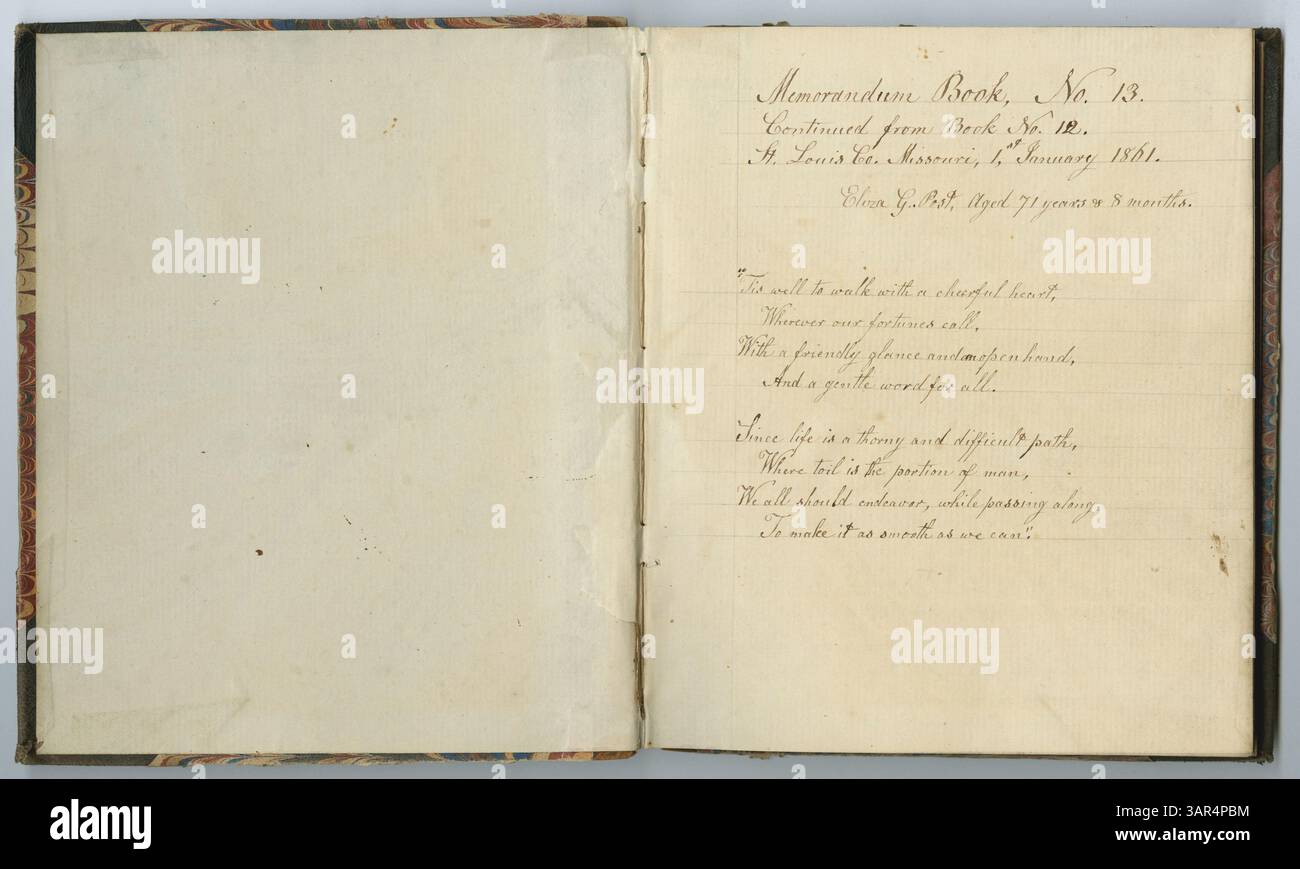 The Eliza G. Randolph Post Collection, volume 15, Livre 14, couvre la période 1861-1863, et contient les récits personnels d’Eliza G. Post sur sa vie et ses observations pendant la guerre de Sécession dans le comté de Louis, Missouri. Post, 71 ans, donne un aperçu de la vie quotidienne de l'époque. Banque D'Images