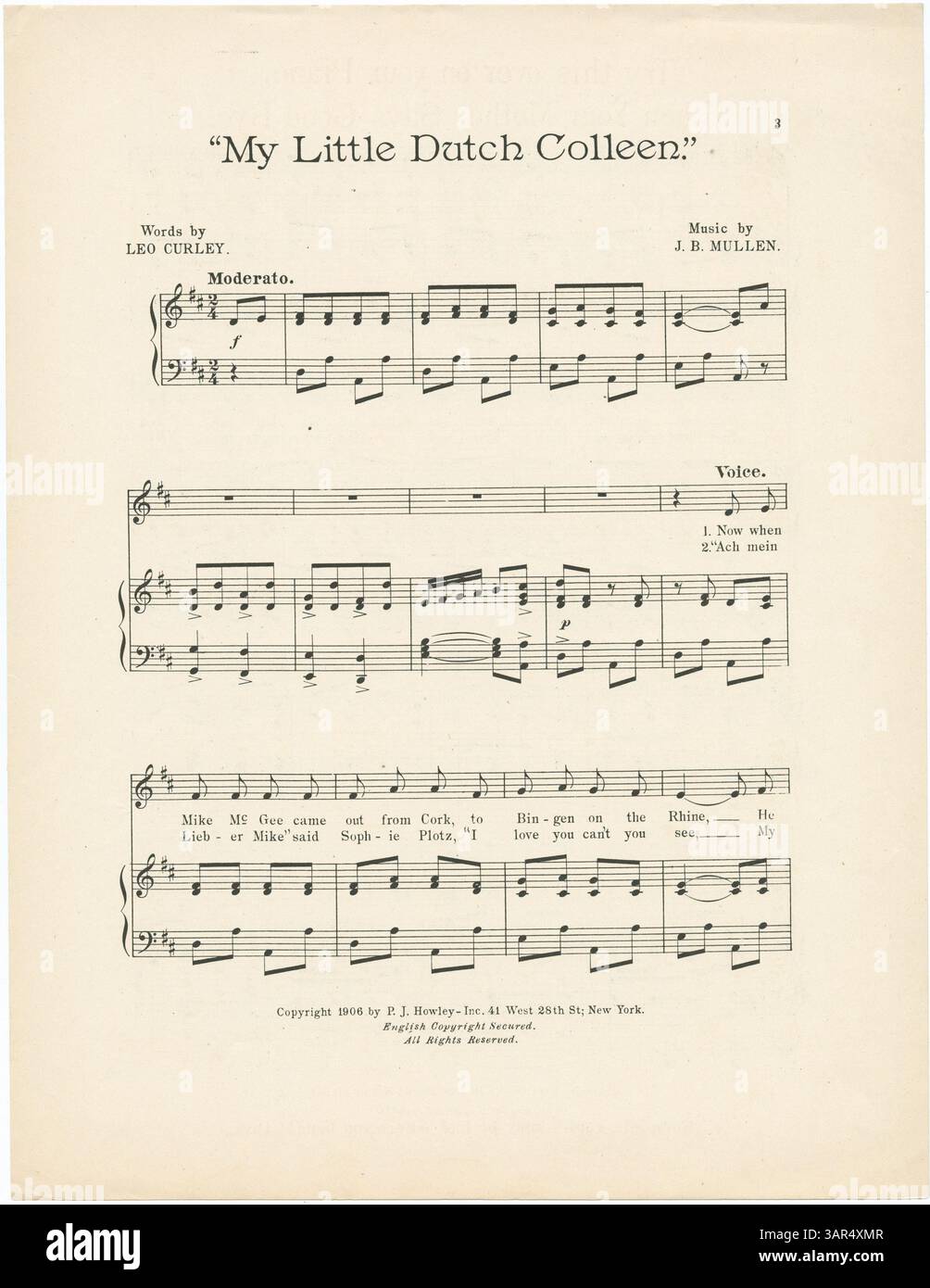Une œuvre de 1906 de P.J. Howley, 'My Little Dutch Colleen', présente des documents protégés par copyright avec copyright anglais et droits réservés. Cette pièce reflète la culture américaine du début du XXe siècle, combinant musique et littérature, et est conservée dans la collection des bibliothèques de l'Université de l'Oregon. Banque D'Images