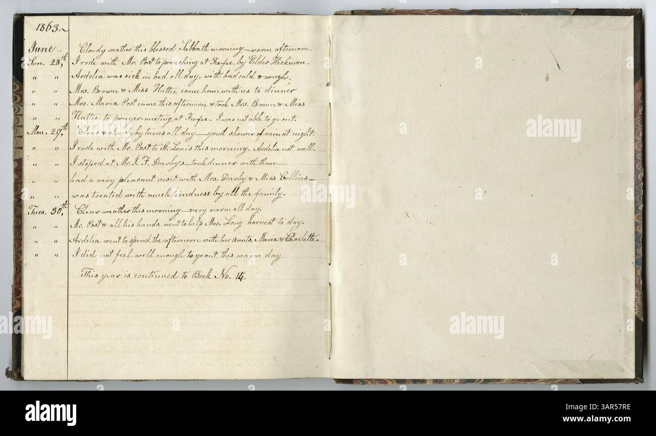 The Eliza G. Randolph Post Collection, volume 15, Livre no. 14, présente une suite de ses notes de service détaillées de 1861 à 1863. Cette collection offre un aperçu précieux des histoires personnelles et des événements clés de la société Louis au milieu des années 1800, plus particulièrement du point de vue d'une femme âgée. Banque D'Images