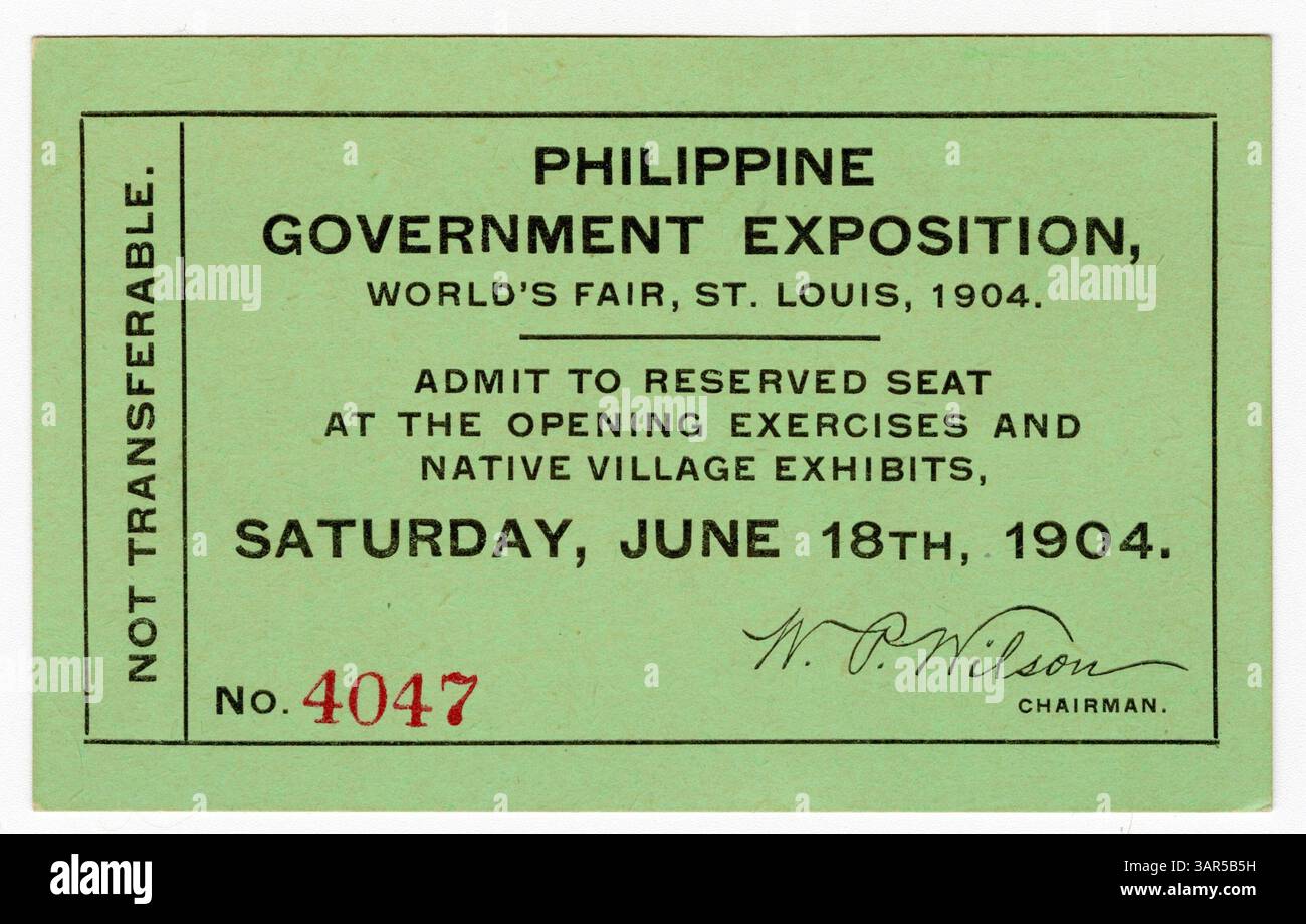 Cette carte d'entrée pour siège réservé donne accès aux exercices d'ouverture et aux expositions du village natal à l'exposition du gouvernement philippin, qui fait partie de l'exposition Louisiane Purchase en 1904. Banque D'Images