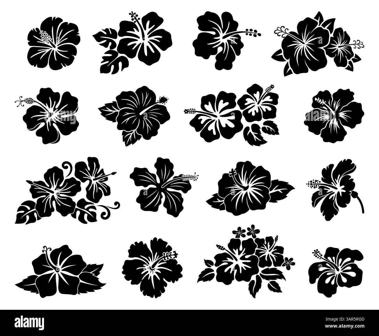 Ensemble de fleurs d'hibiscus tropicales Hawaii, tatouage de silhouette de pochoir noir. Ensemble vectoriel de fleurs de végétation hawaïenne et polynésienne monochromes, éléments de décalcomanie florale de la culture, de la beauté et de la nature Illustration de Vecteur