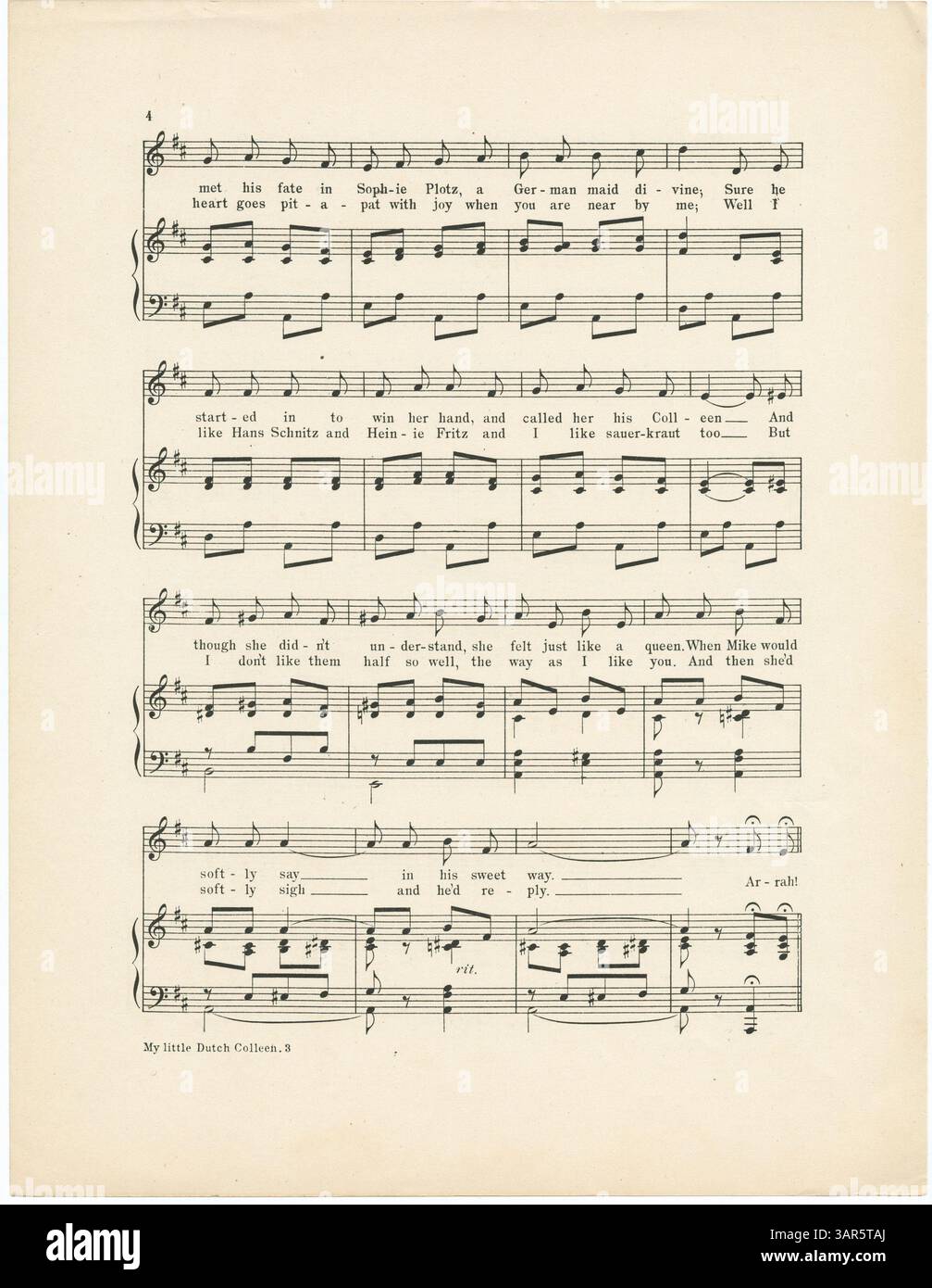 Une édition protégée par copyright de 1906 de 'My Little Dutch Colleen' de P.J. Howley, conservée comme pièce historique de la culture américaine. L'avis de copyright en anglais est imprimé au bas de la page, assurant la protection juridique de l'œuvre. Cette pièce vintage combine musique et art littéraire, trouvée dans les bibliothèques de l'Université de l'Oregon. Banque D'Images