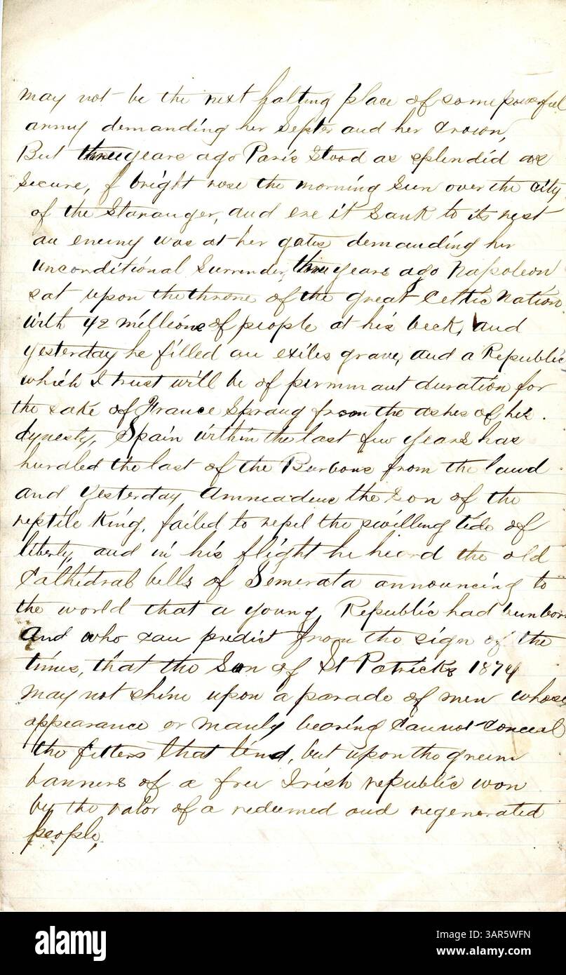 Le discours manuscrit de John O'Keefe, prononcé le 17 mars 1873 à Omaha, Nebraska, met l'accent sur la tension historique entre l'Irlande et l'Angleterre, avec un accent particulier sur la résistance culturelle et politique à la domination anglaise. Banque D'Images