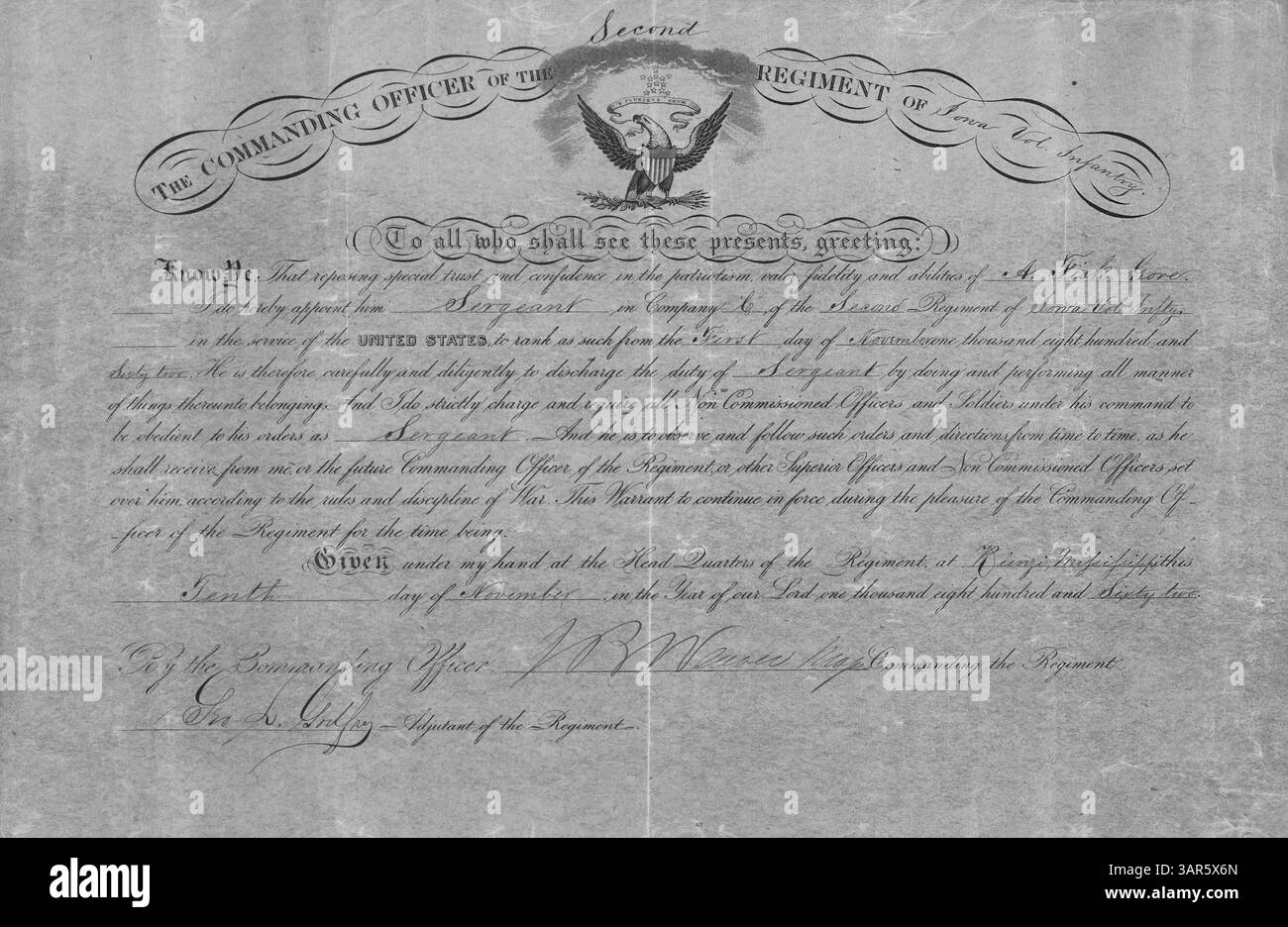 Abijah Fisk Gore est nommé sergent dans la compagnie C du 2nd Iowa Volunteer Infantry Regiment le 10 novembre 1862, marquant un record militaire important pendant la guerre de Sécession. Banque D'Images