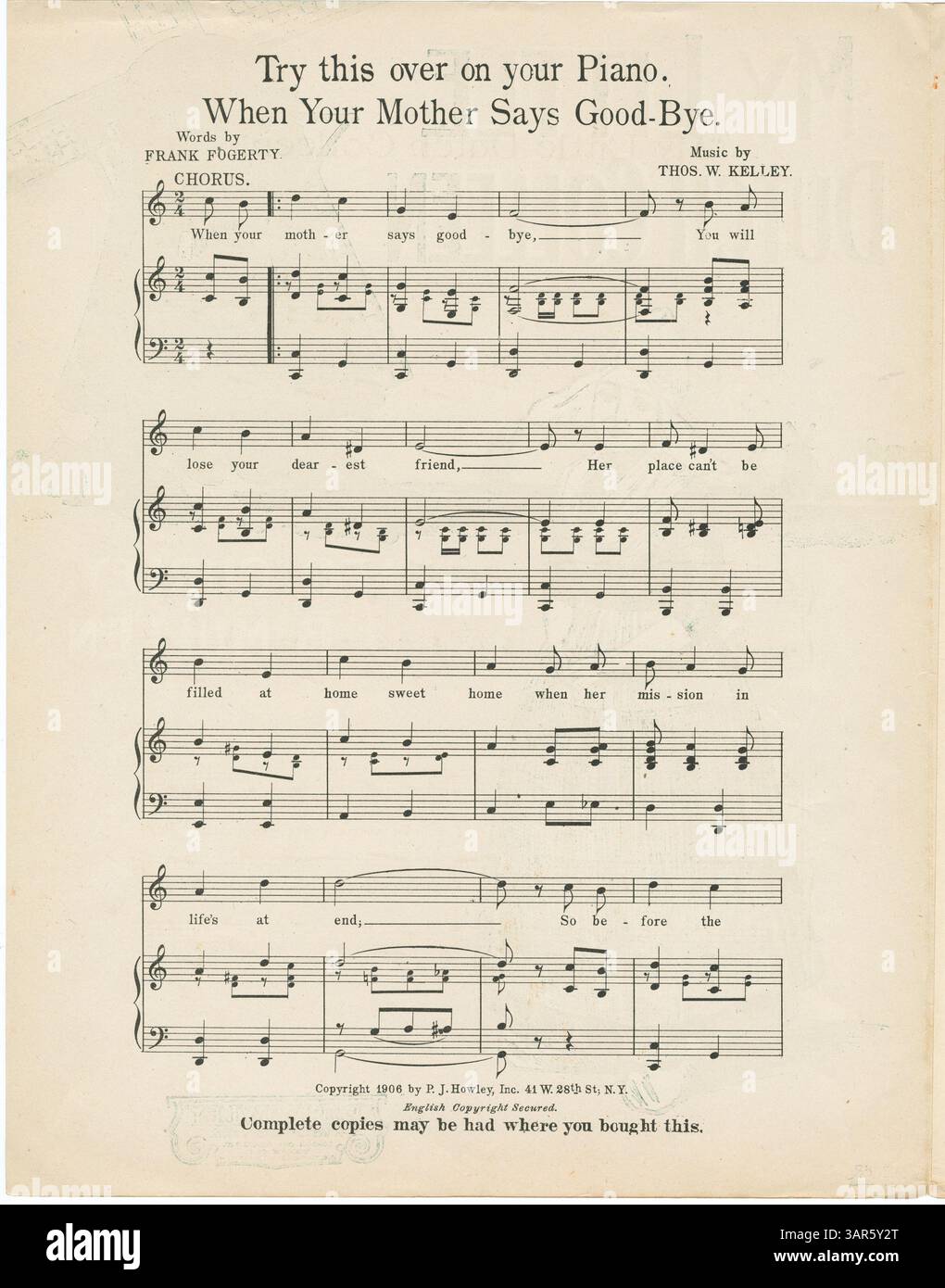 Cette publication de 1906 de 'My Little Dutch Colleen' par P.J. Howley, avec un contenu protégé par le droit d'auteur et publié avec des droits réservés. Le bas de la page comprend l'avis de copyright en anglais, assurant la légalité de l'œuvre. Cette pièce est une œuvre musicale historique et littéraire, détenue par les bibliothèques de l'Université de l'Oregon. Banque D'Images