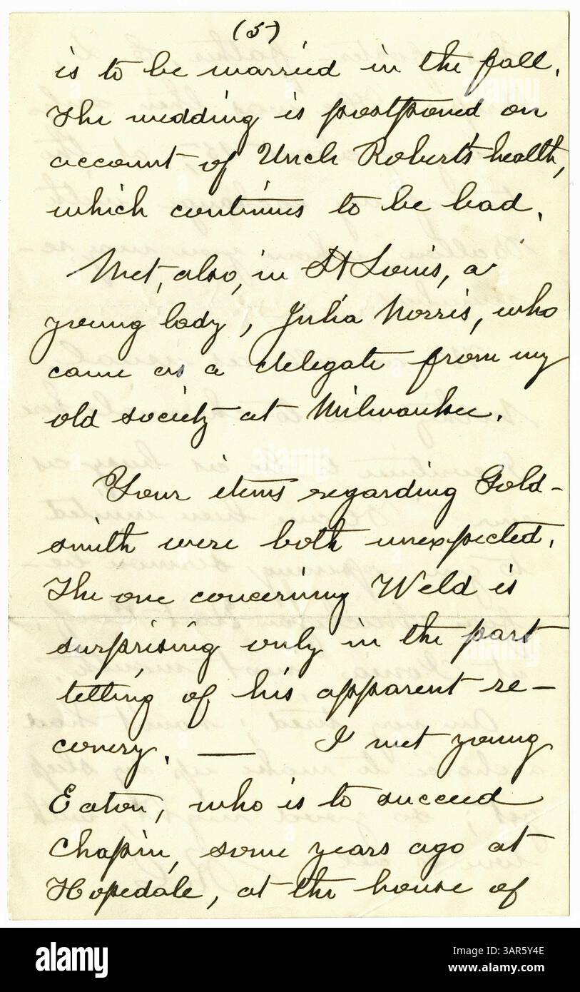 R.C. E. raconte son voyage à Saint Louis, où il a assisté à un événement à l’église du Messie, une nouvelle église évaluée à 107 000 $. Il mentionne que la ville est faite de brique et de pierre, mais fait face à des problèmes de suie de charbon, de poussière de rue et d'eau disgracieuse. La lettre souligne la présence de 30 ministres et les défis de la vie urbaine dans la ville. Banque D'Images