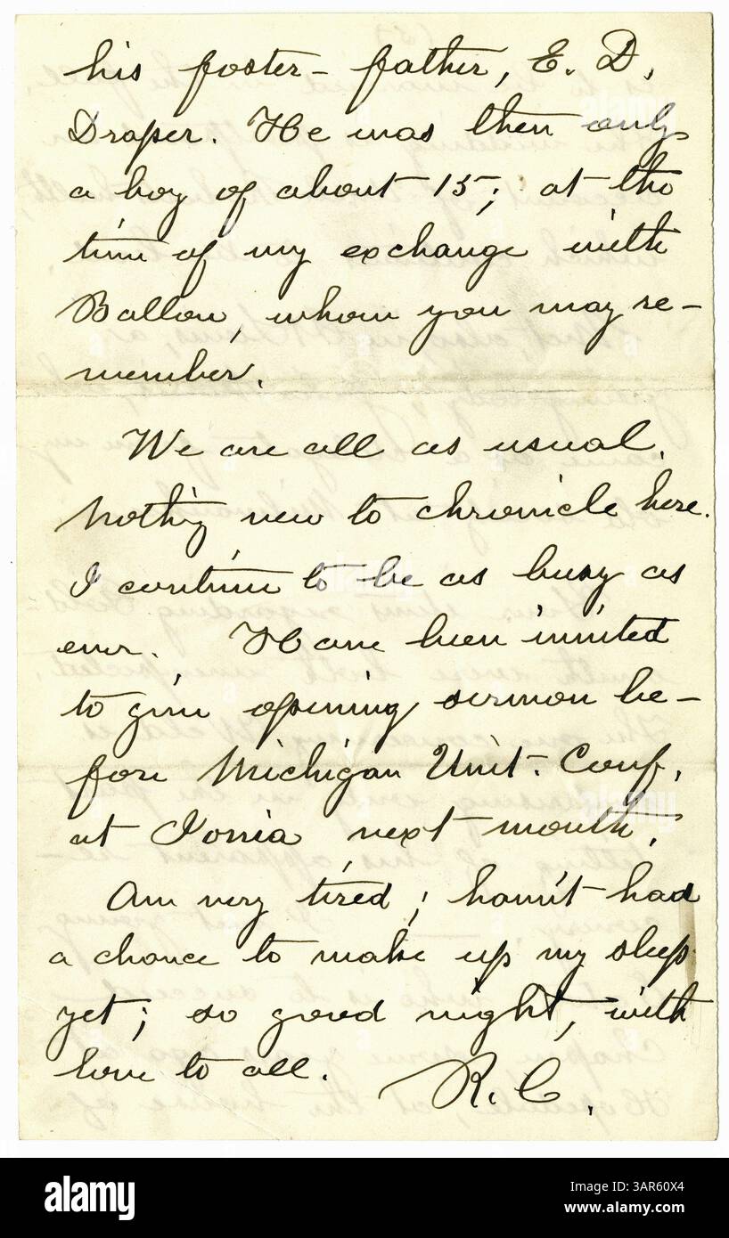R.C. E. écrit à la maison au sujet de son voyage à Saint Louis, où il a apprécié l'hospitalité de l'Église du Messie. L'église, un nouveau bâtiment de 107 000 $, était au centre du rassemblement de 30 ministres. Louis est décrit comme une ville de briques et de pierres, mais avec des problèmes comme la suie, la poussière et la mauvaise qualité de l'eau. Il mentionne plusieurs individus, dont E.D. Draper et Julia Norris. Banque D'Images