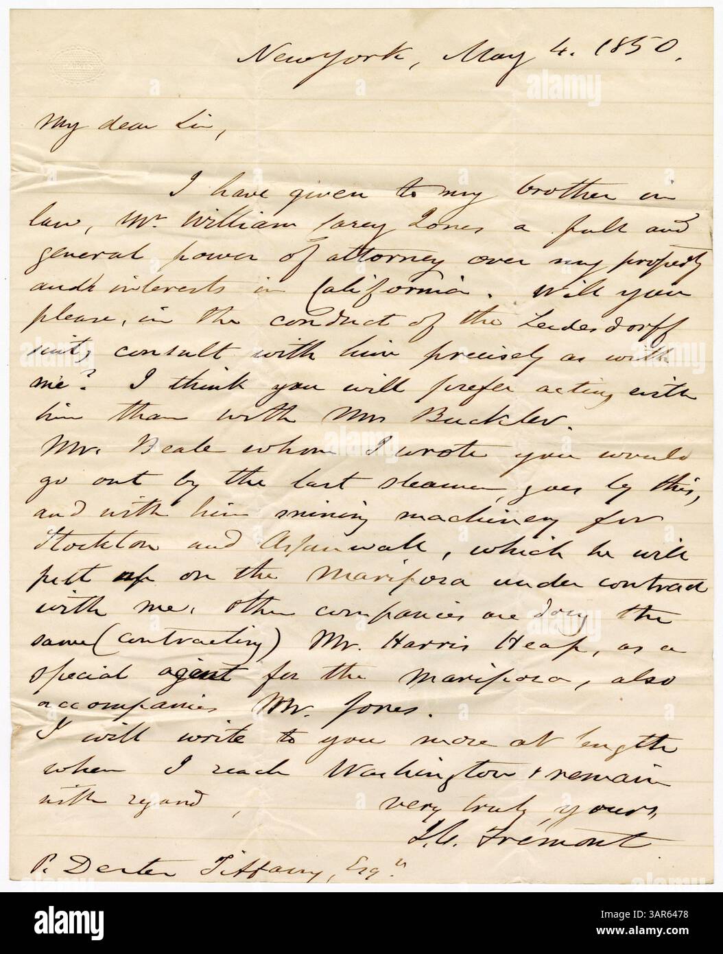 Les lettres de cette collection, échangées entre John Charles Fremont et pardon Dexter Tiffany de 1849 à 1850, couvrent principalement des intérêts commerciaux dans plusieurs grandes villes, dont San Francisco, Monterey, Panama, New York et Washington, DC Banque D'Images
