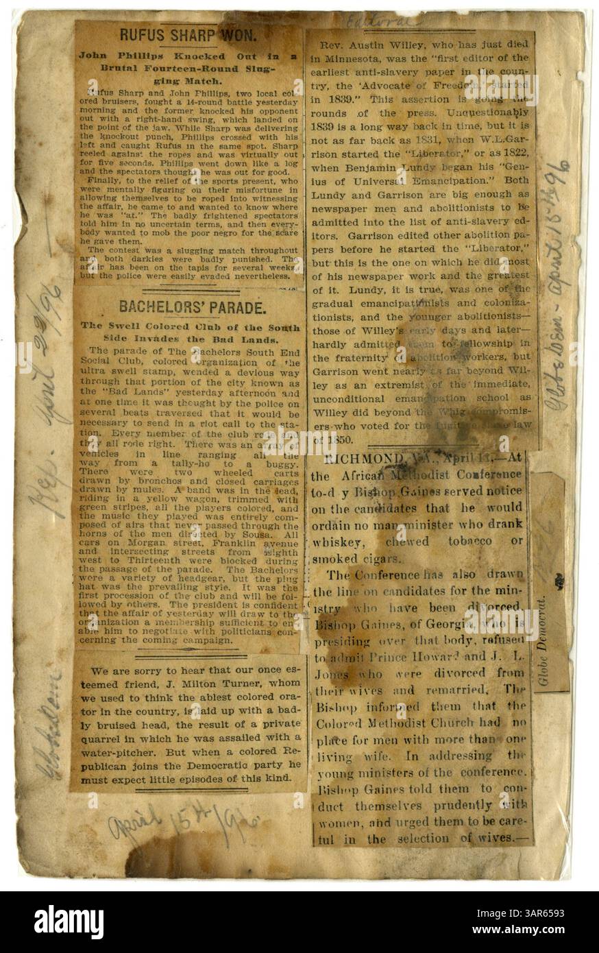 Ce scrapbook, compilé par Charles Turner, comprend des coupures de journaux majeurs et des articles éphémères tels que des billets et des programmes, mettant en lumière la culture afro-américaine, les événements communautaires et les mouvements politiques. Banque D'Images