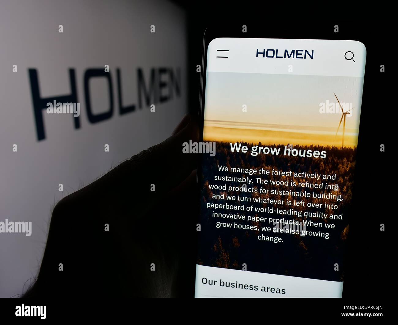 Allemagne. 12 mars 2025. Dans cette illustration photo, une personne tient un smartphone avec le site Web de la société forestière suédoise Holmen AB sur l'écran devant le logo. (Crédit image : © timon Schneider/SOPA images via ZUMA Press Wire) USAGE ÉDITORIAL SEULEMENT ! Non destiné à UN USAGE commercial ! Banque D'Images