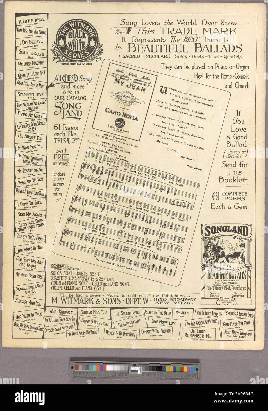 La chanson 'Can't Yo' Heah me Callin' Caroline', chantée par George MacFarlane, est présentée comme un duo en sol majeur avec des spécifications de gamme vocale. Les couvertures avant et arrière annoncent des chansons et des compositeurs supplémentaires. Banque D'Images