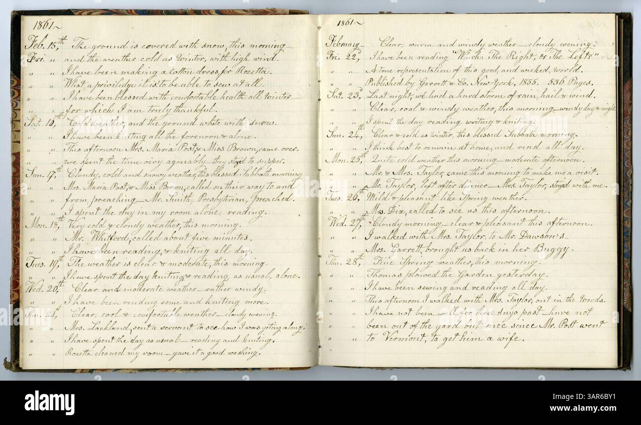 The Eliza G. Randolph Post Collection, volume 15, Livre no. 14 contient des mémorandums de 1861 à 1863. Cette collection, abritée par la Missouri Historical Society, continue du livre no. 12 et donne un aperçu de la vie d'Eliza G. Post, résidente du comté de Louis, Missouri, à l'âge de 71 ans et 8 mois. Banque D'Images