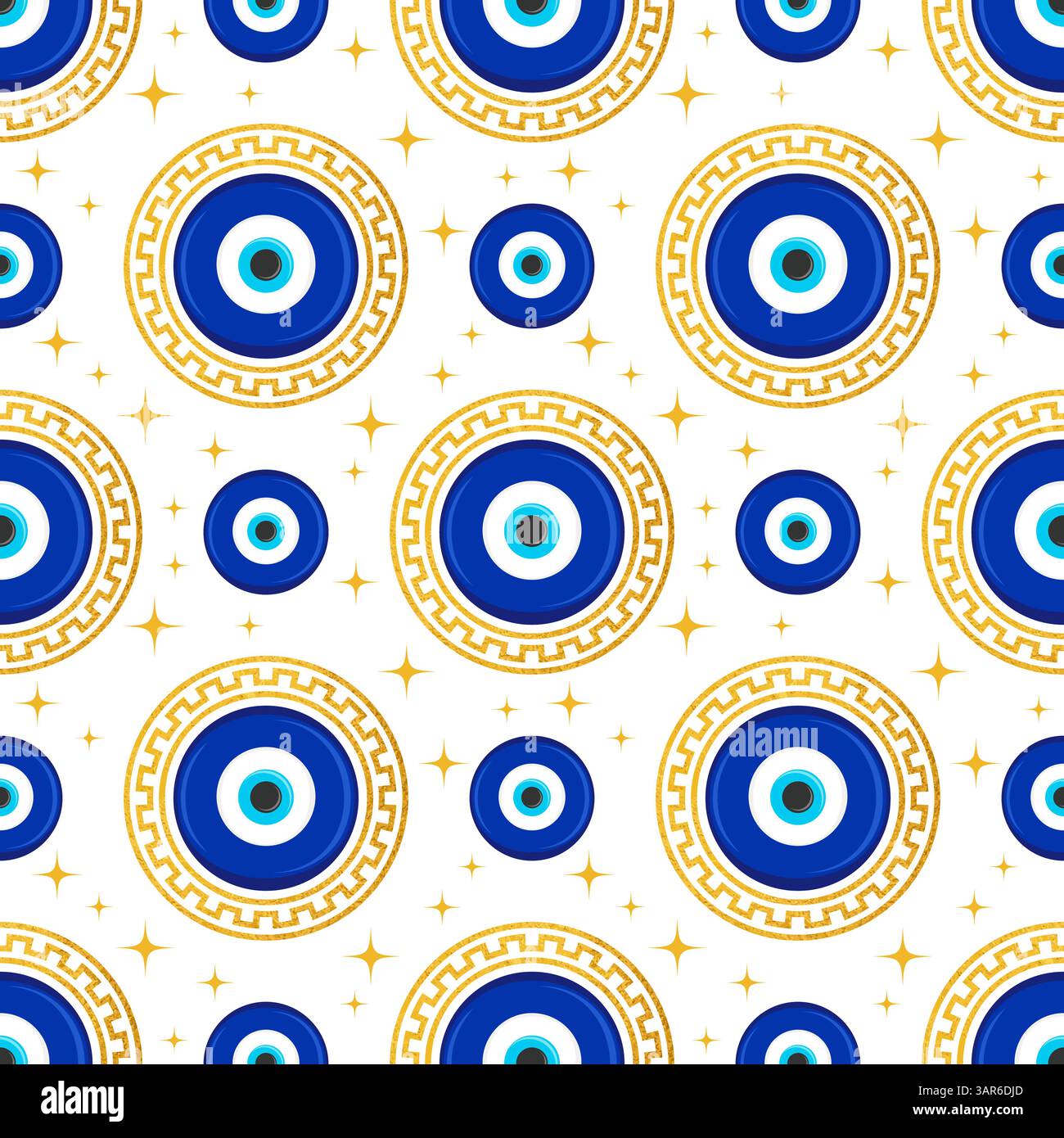 Motif mauvais oeil sans couture. Perle bleue turque avec méandre doré. Fond magique de vecteur grec avec le symbole ethnique nazar de protection et de chance Illustration de Vecteur