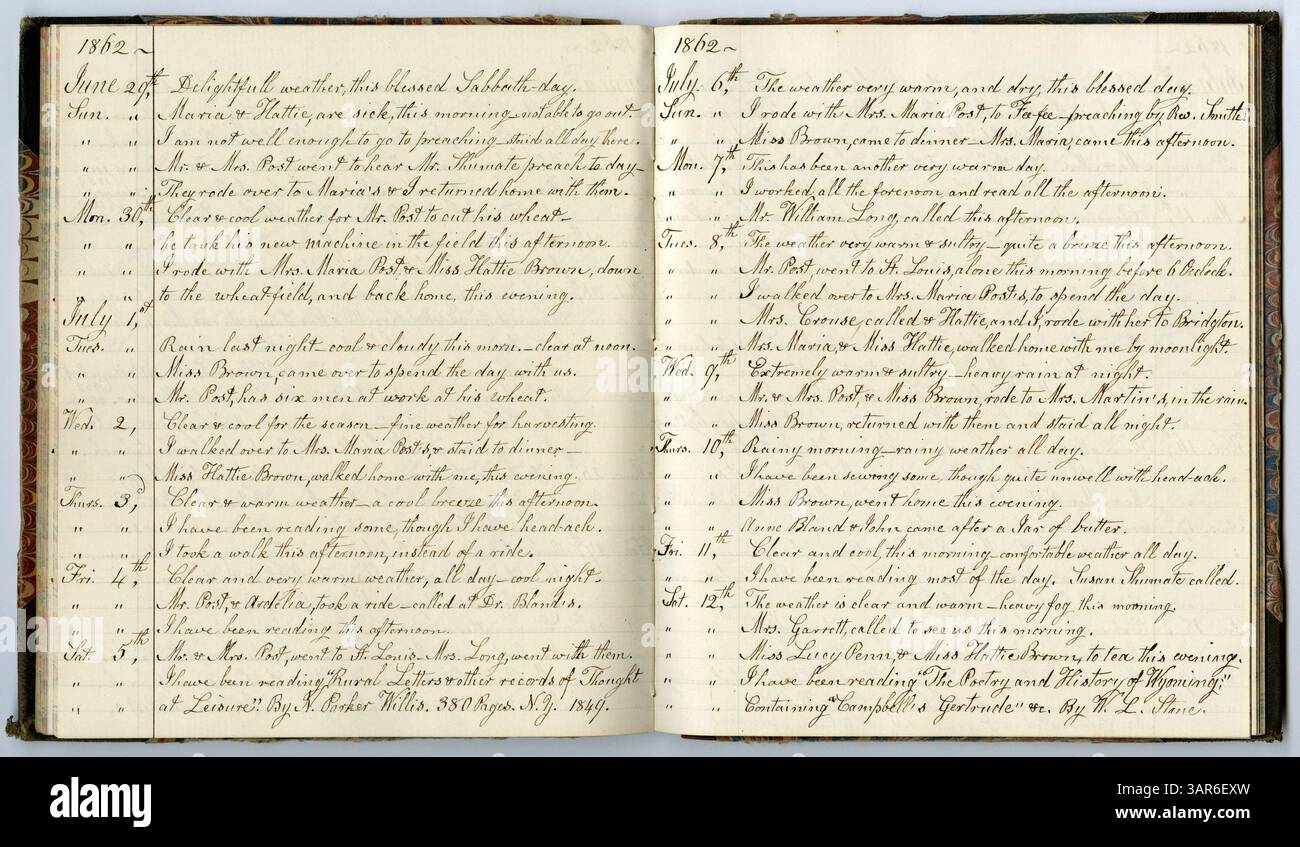 Ce volume de la collection Eliza G. Randolph Post, livre no 14, contient des notes de service de 1861 à 1863. Il fait partie des archives historiques du comté de Saint Louis, Missouri. Eliza G. Post, âgée de 71 ans et 8 mois, continue du livre n° 12. Banque D'Images