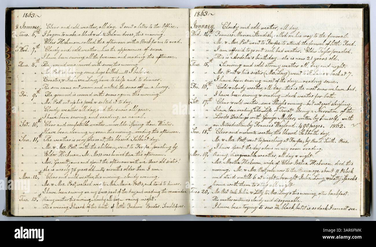 Ce volume de la collection Eliza G. Randolph Post comprend des mémoires de 1861 à 1863, documentant des événements dans le comté de Louis, Missouri. Eliza G. Post, âgée de 71 ans et 8 mois, poursuit son record dans ce volume, qui découle du livre no 12. Banque D'Images