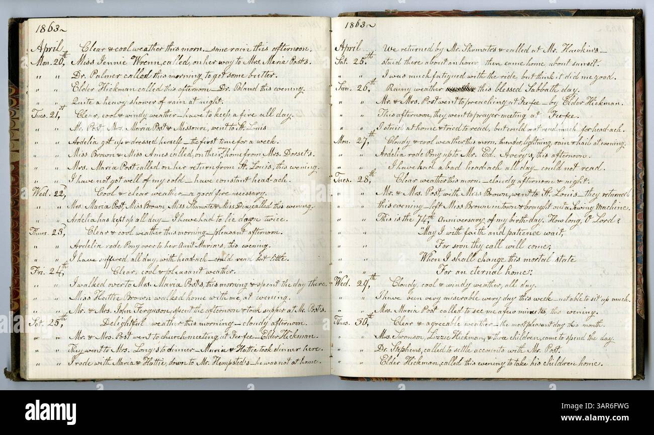 The Eliza G. Randolph Post Collection, volume 15, Livre 14, contient des mémoires de 1861 à 1863, documentant les observations de Post sur la vie pendant la guerre de Sécession dans le comté de Louis, Missouri. A 71 ans, elle réfléchit aux expériences personnelles et sociales au cours d’une période critique de l’histoire américaine. Banque D'Images