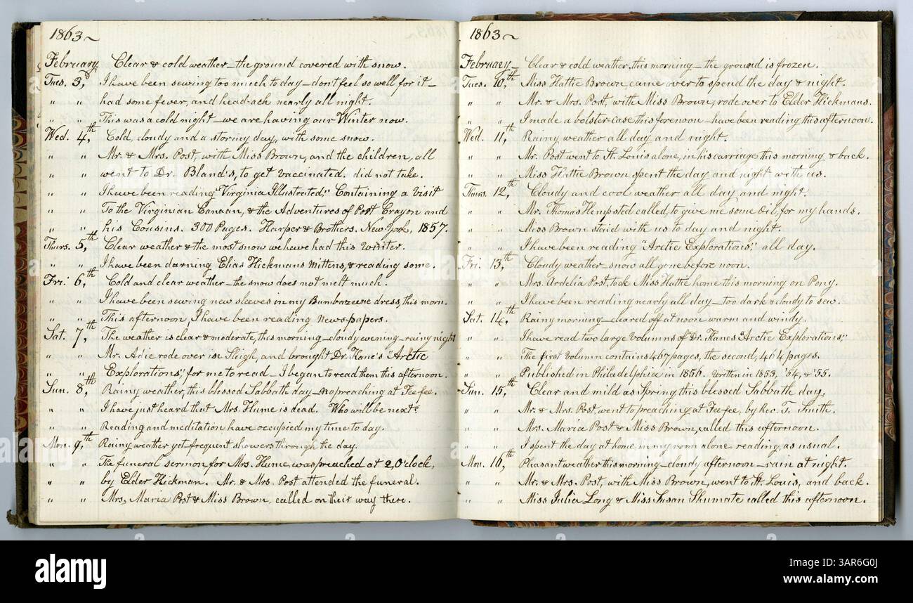 Volume 15, Livre 14 de la collection Eliza G. Randolph Post contient ses mémoires de 1861 à 1863, offrant un aperçu de sa vie dans le comté de Louis, Missouri pendant la guerre de Sécession. A 71 ans, elle enregistre ses réflexions personnelles et ses expériences de vie quotidienne. Banque D'Images