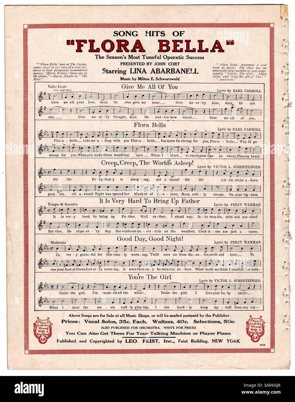 Flora Bella est une opérette avec une édition opératique arrangée par John Cort. Il met en vedette Lina Abarbanell dans le rôle-titre, avec la couverture arrière listant les chansons de l'opérette, disponible chez Leo Feist. Banque D'Images