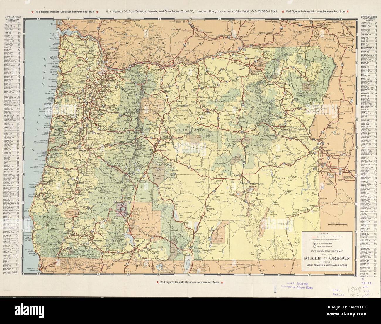Cette carte du State Highway Department montre les principales routes automobiles de l'Oregon, avec des hachures et des hauteurs de taches pour le relief. Il comprend une section de texte, les distances depuis Portland et quatre cartes annexes. Un index des villes et des villages peuplés est également présenté. Banque D'Images
