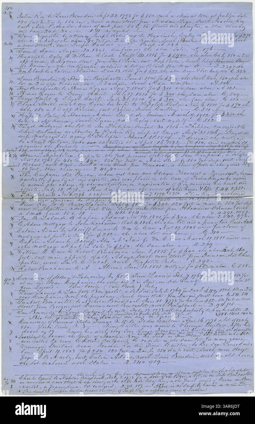 Les notes de Frederic Billon sur les transactions foncières et les actes pour les blocs 1-90 de la firme Louis documentent l'historique des transactions immobilières dans la région. Ces billets offrent un aperçu précieux des activités juridiques et immobilières qui ont façonné le développement précoce de la ville, conservées dans le cadre des archives historiques du Missouri. Banque D'Images