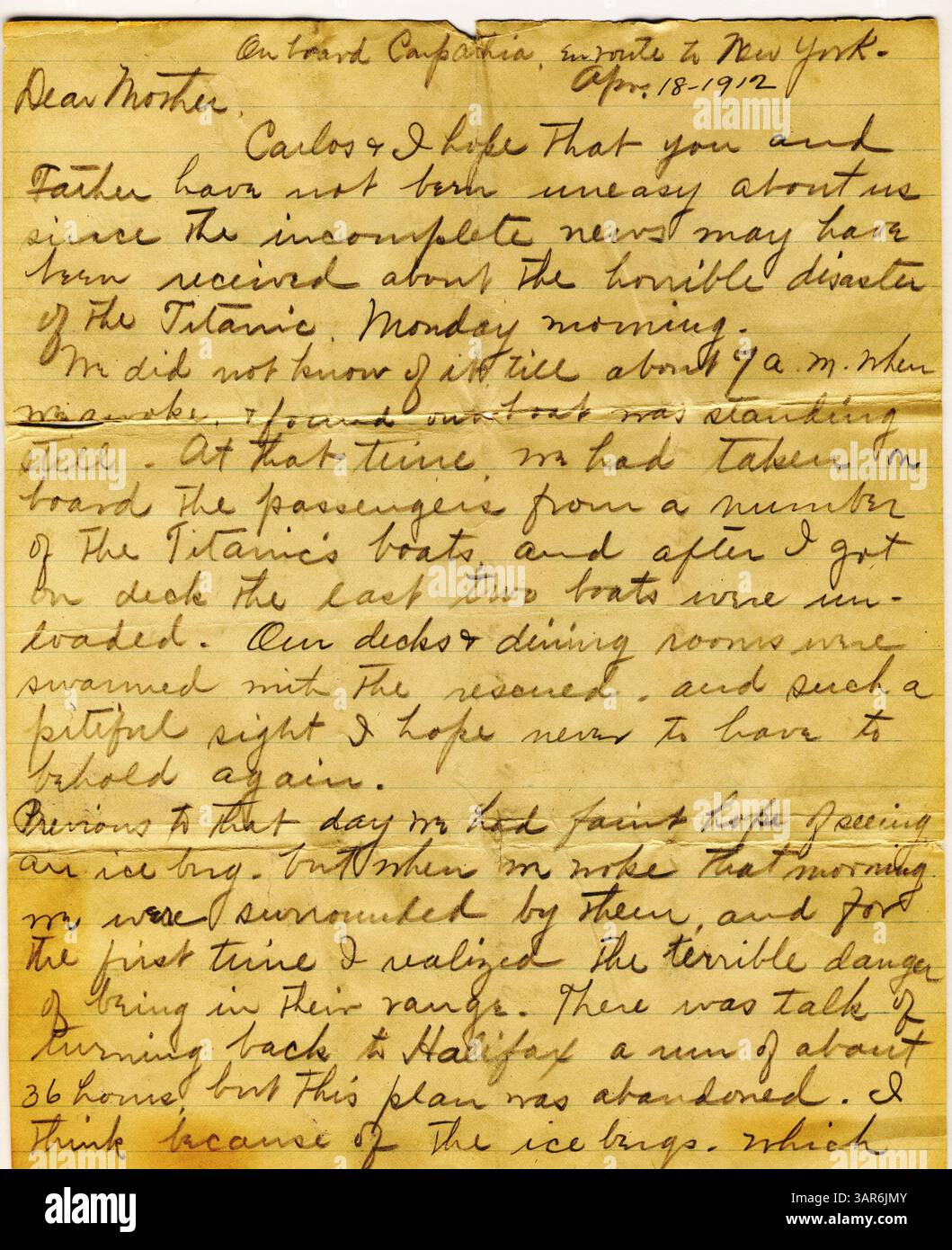 La lettre de Katherine Hurd à sa mère, datée du 18 avril 1912, décrit les efforts de sauvetage et l'embarquement des survivants du Titanic à bord du RMS Carpathia après le naufrage. Banque D'Images