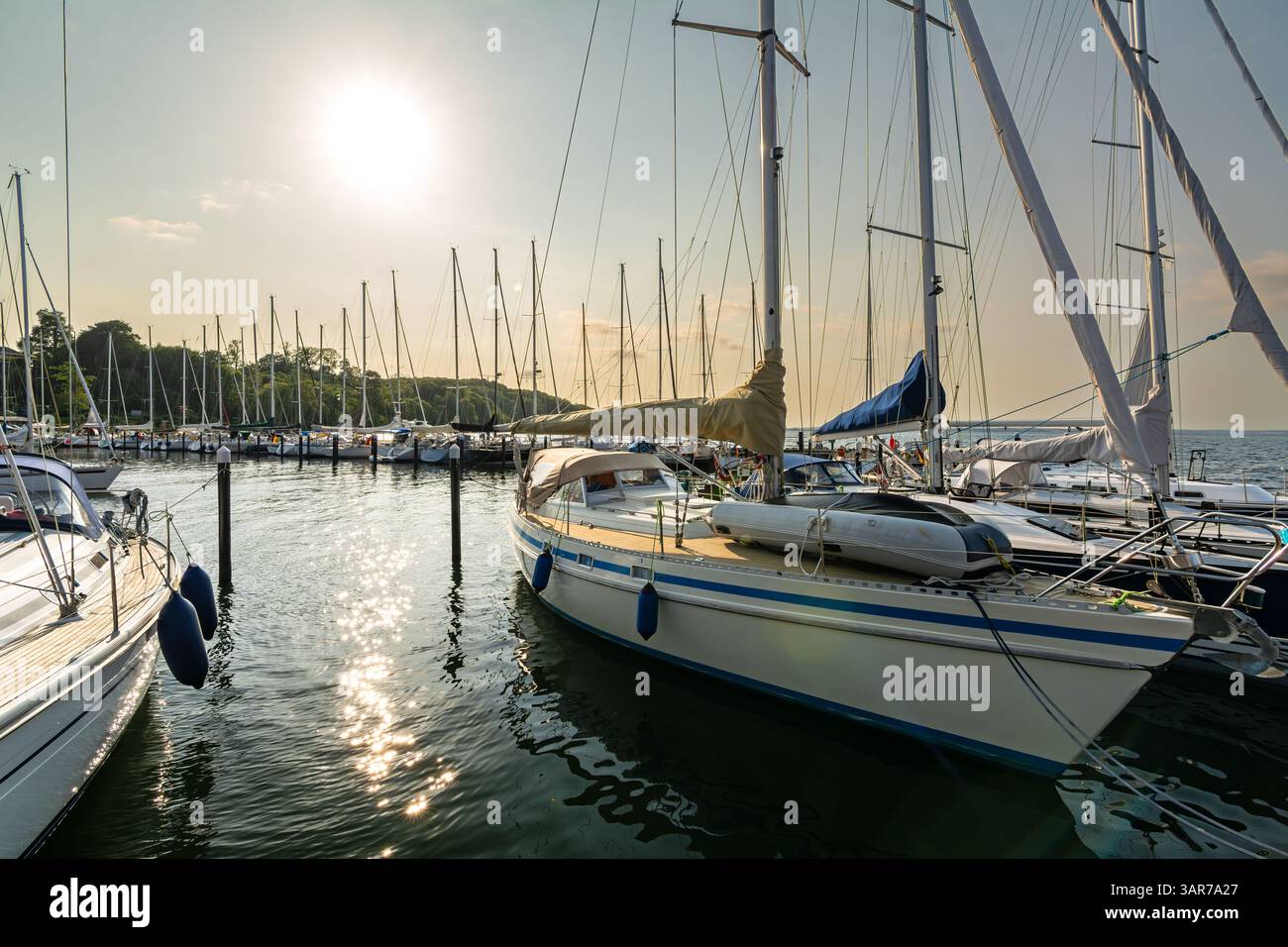 Voiliers dans une marina (Langballigau) au coucher du soleil sur la mer Baltique dans le nord de l'Allemagne Banque D'Images