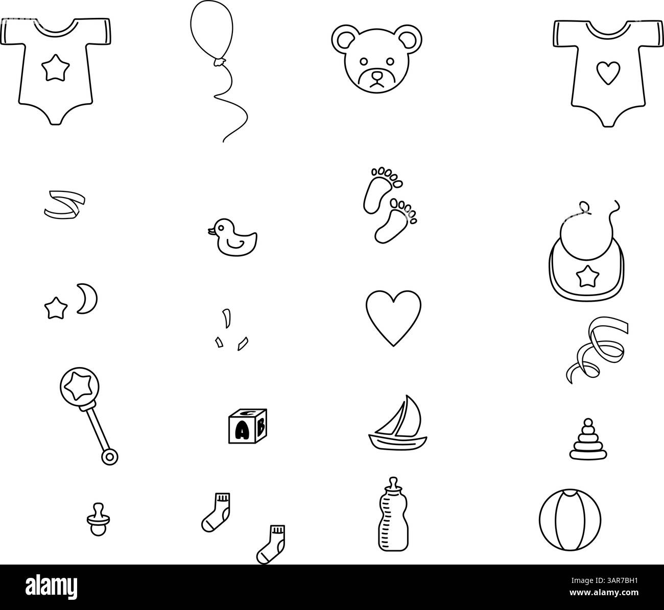 Douche de bébé minimale et ensemble d'icônes de ligne de révélation de sexe avec des articles de bébé et des jouets Illustration de Vecteur