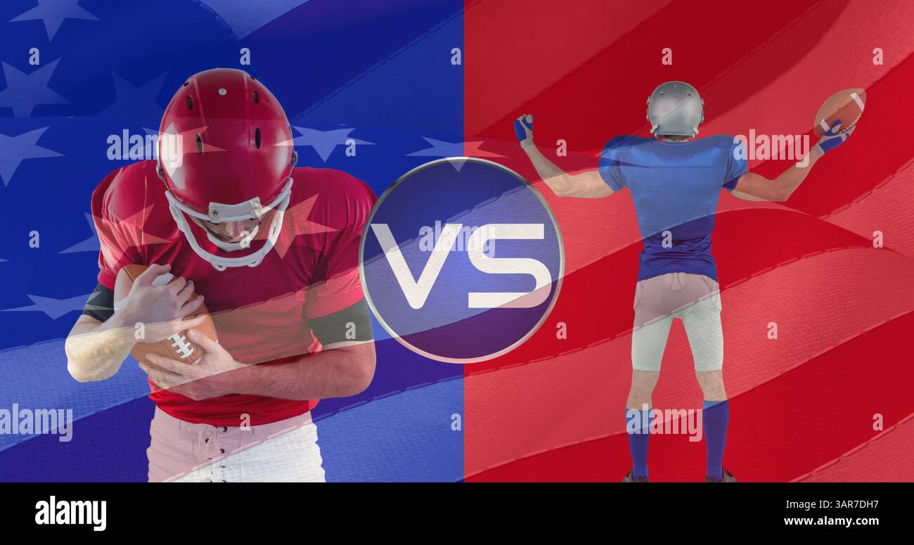 Image du drapeau américain avec deux joueurs de football américain masculins avec le texte Vs Banque D'Images