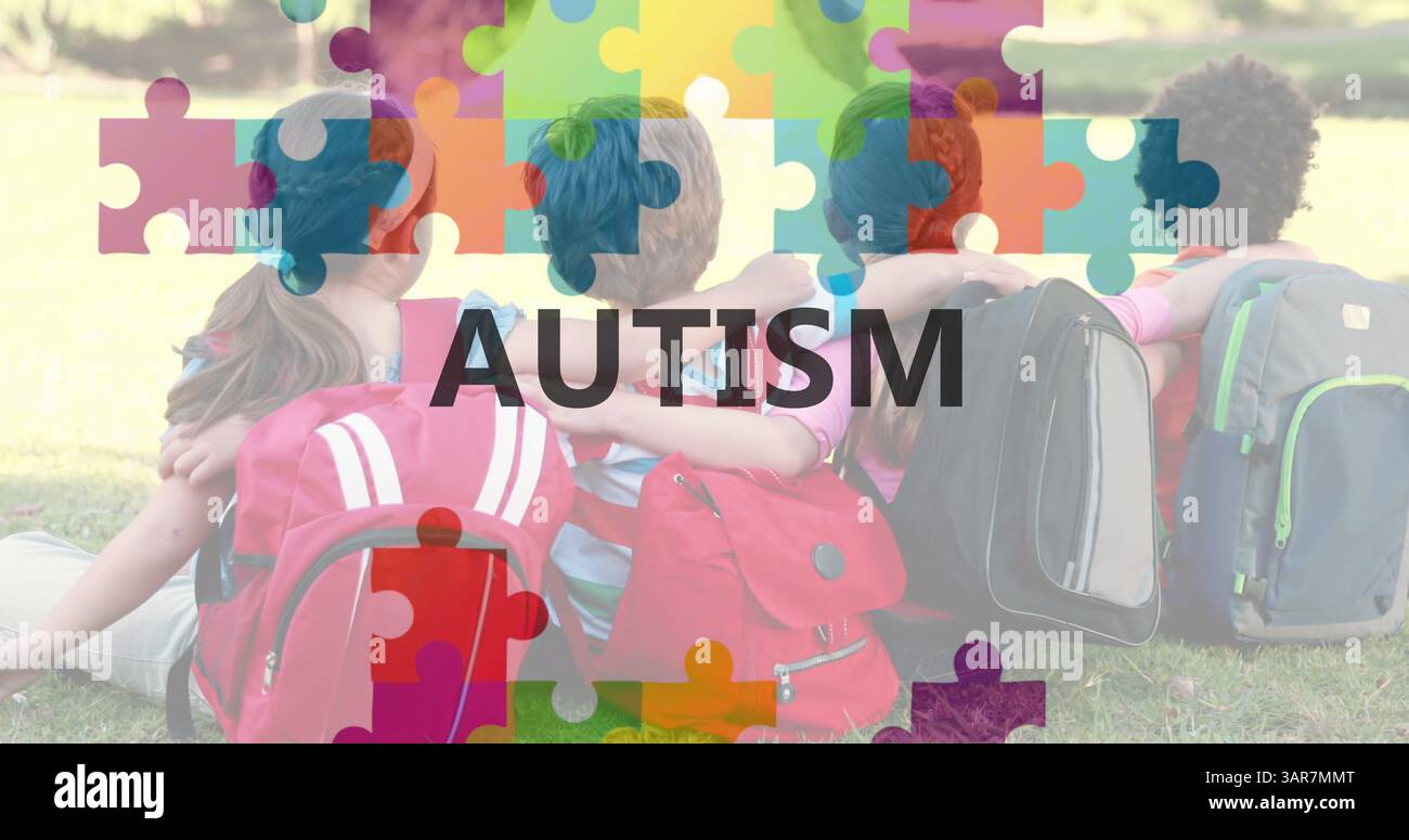 Image du texte du mois de sensibilisation à l'autisme sur divers écoliers embrassant Banque D'Images Image du texte du mois de sensibilisation à l'autisme sur divers écoliers embrassant Banque D'Images