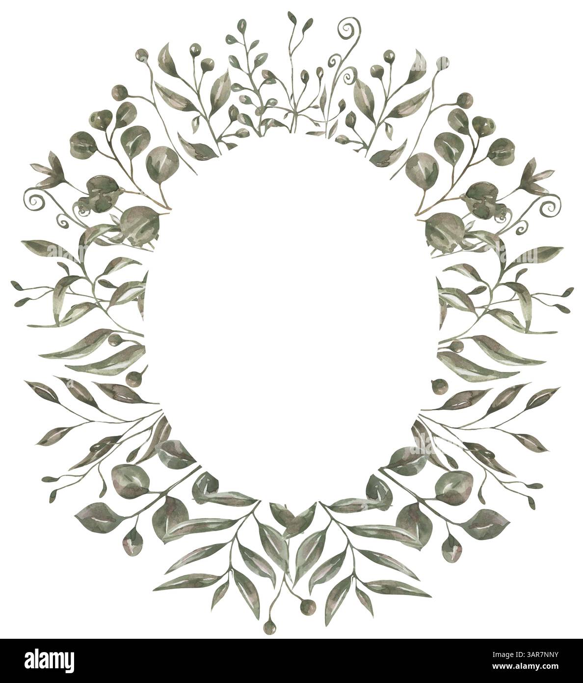Clipart de cadre de verdure aquarelle, illustration de couronne de branche de feuilles délicates, invitation de mariage, clip art de flore graphique Banque D'Images