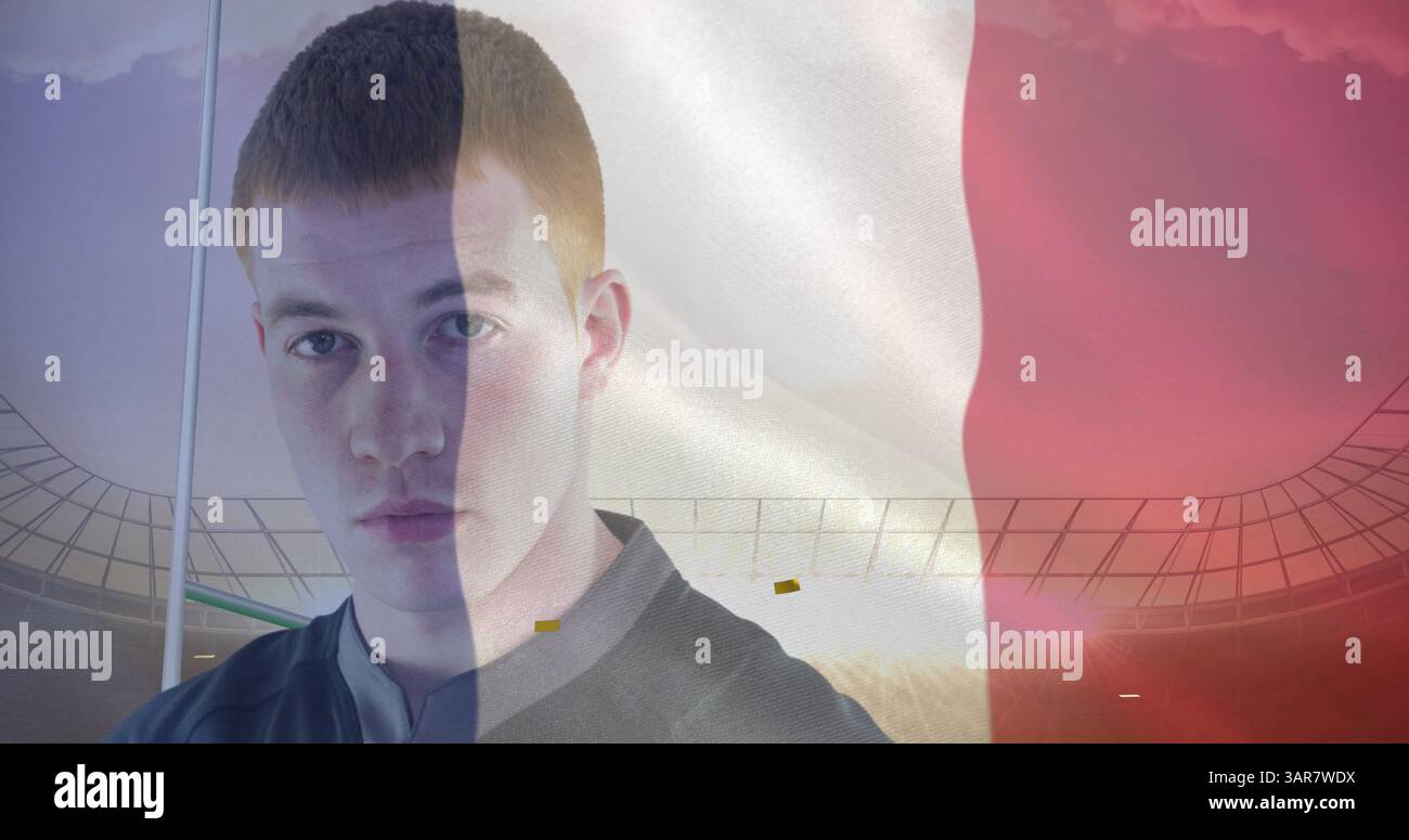 Image du drapeau de la france et des confettis sur le joueur de rugby masculin caucasien avec balle au stade Banque D'Images