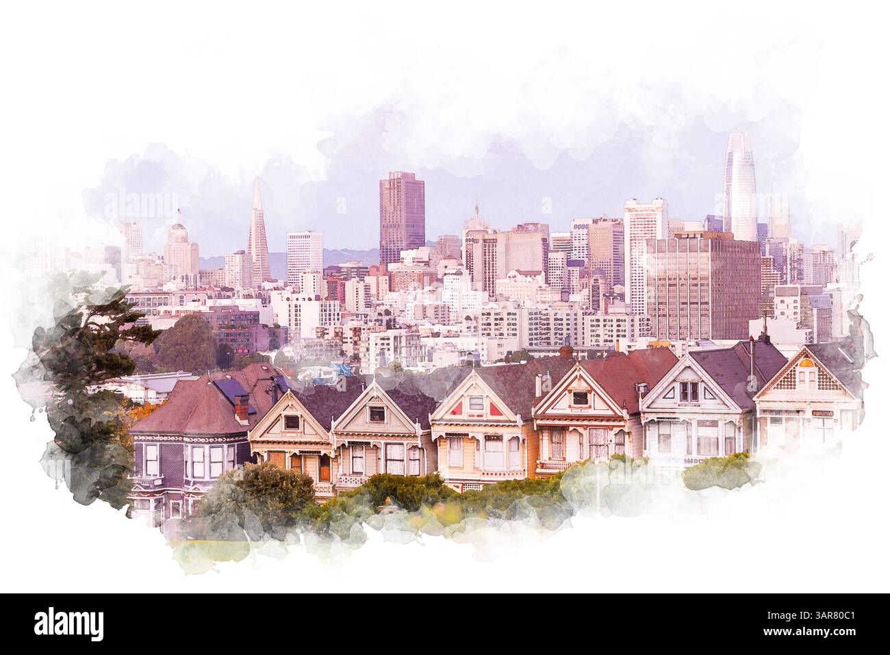 Illustration stylisée à l'aquarelle des maisons de dames peintes emblématiques de San Francisco, capturant leurs couleurs vibrantes et charmant architecte victorien Banque D'Images