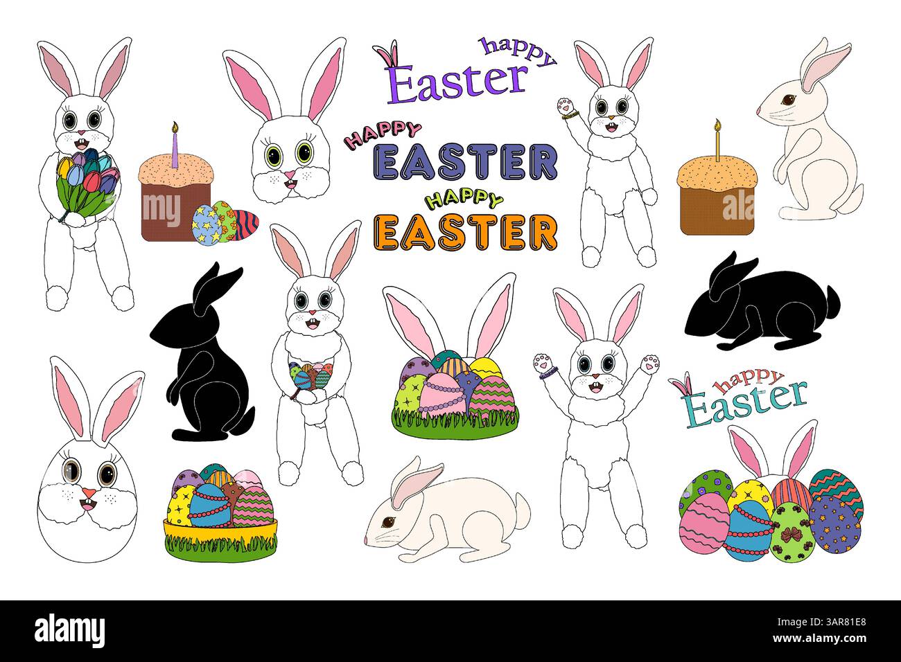 Collection de lapins de Pâques mignons, silhouettes de lapin, oeufs décorés, gâteau de Pâques national avec bougie, texte festif - joyeuses Pâques, - et décorateurs Illustration de Vecteur