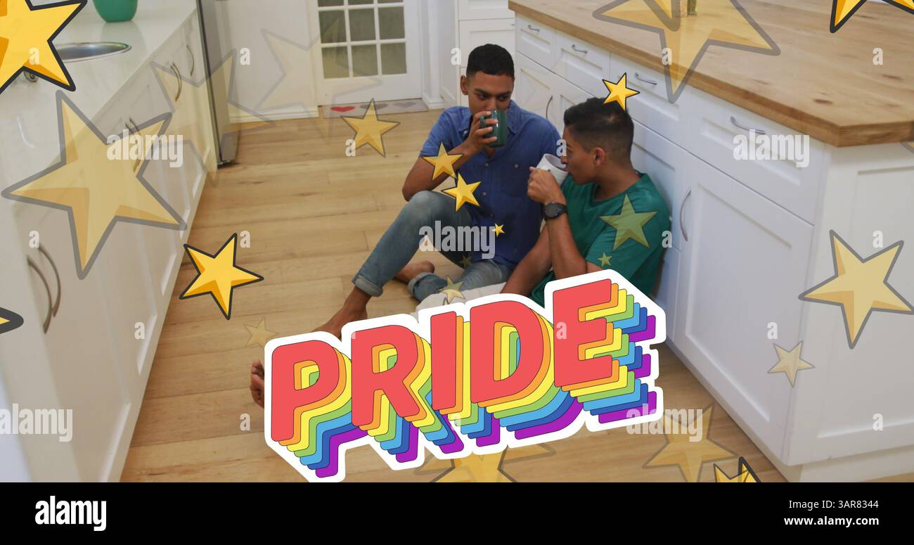 Image d'un texte de fierté en lettres arc-en-ciel et étoiles sur un couple gay masculin prenant le thé Banque D'Images