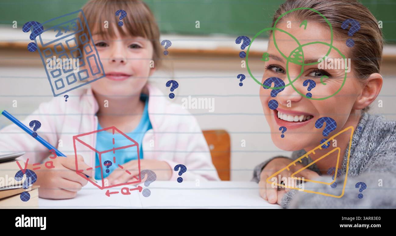 Image de formules mathématiques sur écolière et professeur Banque D'Images