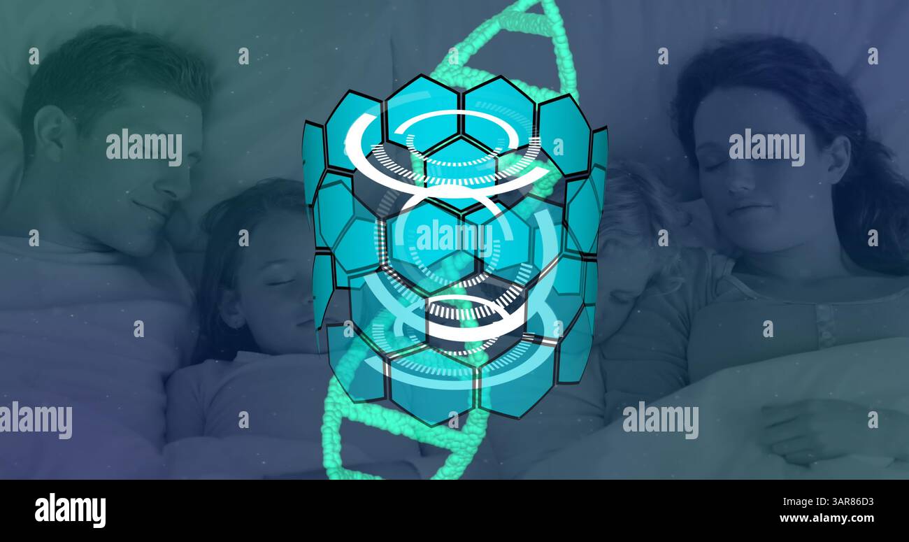 Image de cercles et de brins d'adn tournant sur des parents avec des enfants dormant dans le lit Banque D'Images