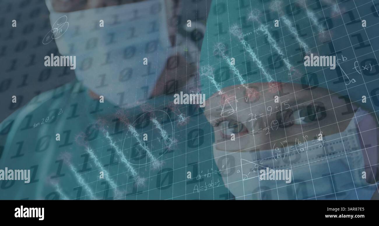 Image de codage binaire et de brin d'adn sur une infirmière caucasienne avec masque facial Banque D'Images