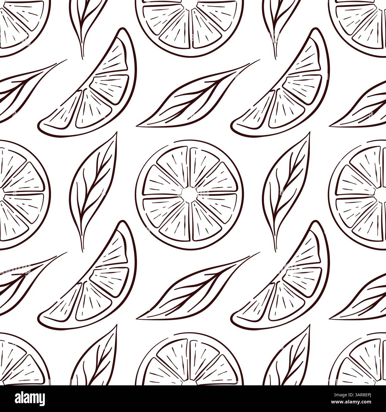 Motif de tranches d'agrumes sans couture avec segment de citron de style dessin au trait et feuille. Parfait pour l'emballage alimentaire biologique, textile de cuisine, design frais d'été et Illustration de Vecteur