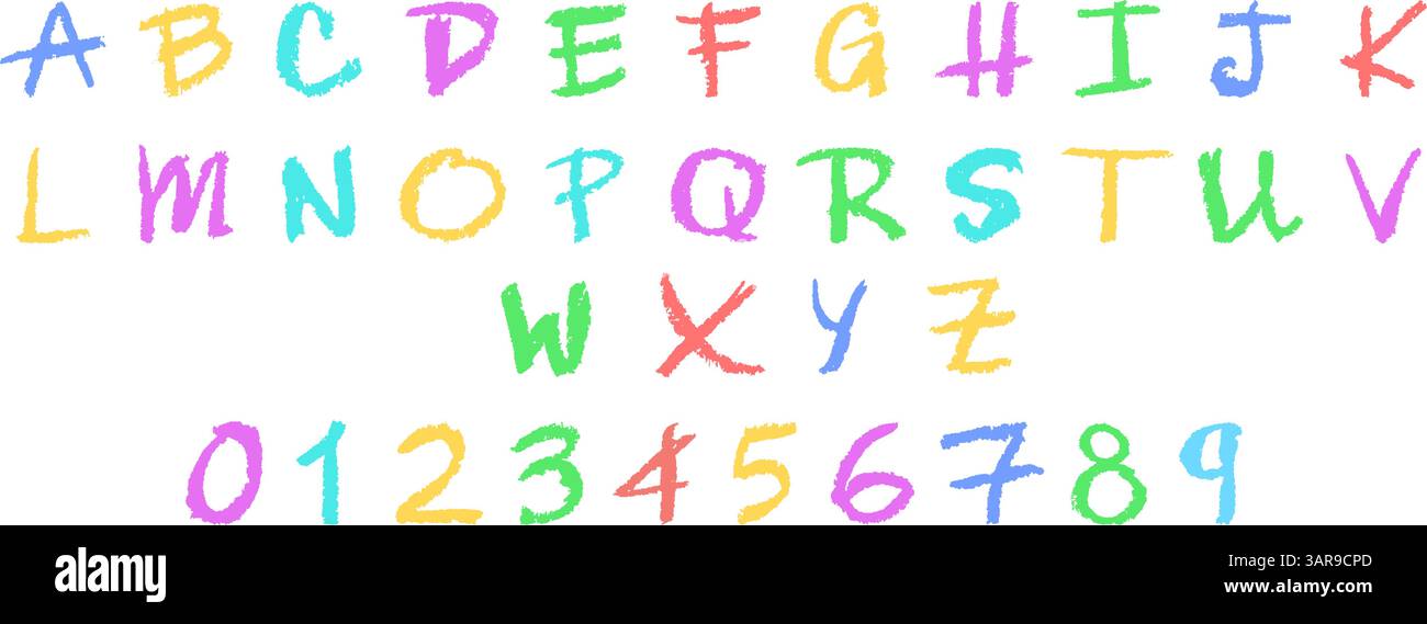 Illustration vectorielle colorée de l'alphabet anglais et des chiffres 0-9, dessinée à la main dans un style crayon, craie, pastel ou cire. Effet de surligneur sur un Illustration de Vecteur