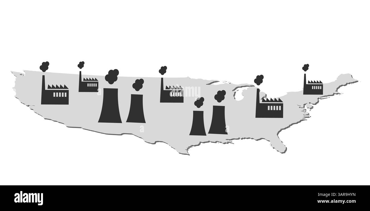 Une carte stylisée en 3D des États-Unis présente des symboles industriels avec des cheminées de fumée émettant de la pollution, mettant en évidence l'impact du plan énergétique planifié Illustration de Vecteur