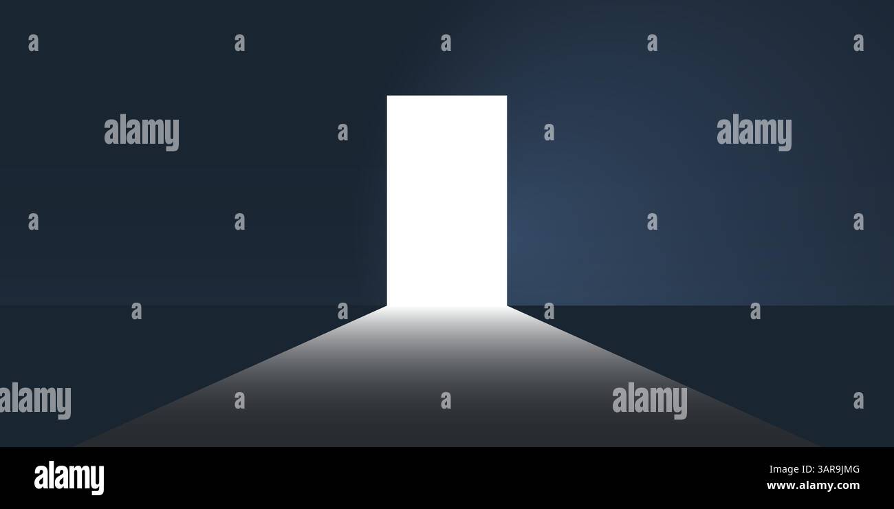 Chambre sombre, lumière entrant par une porte de sortie ouverte - liberté, nouvelles possibilités, espoir d'un avenir radieux, surmonter les problèmes, concept de recherche de solution Illustration de Vecteur