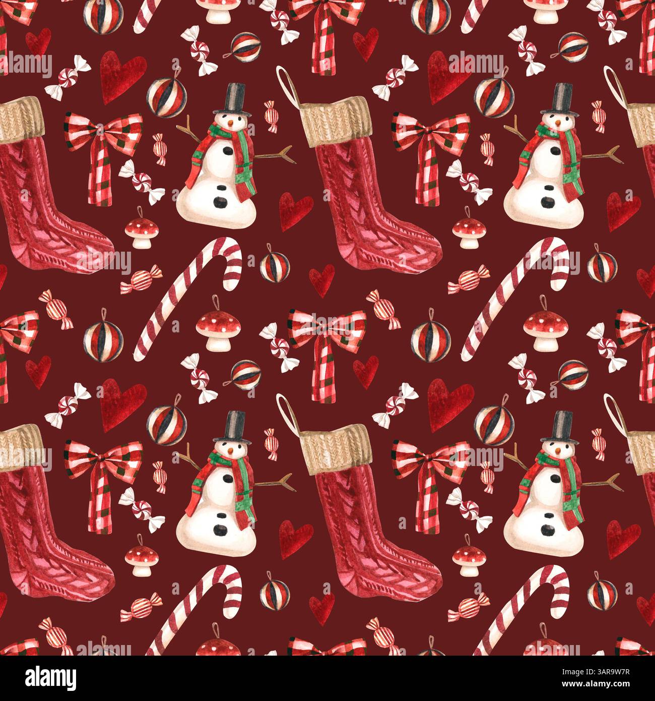 Motif sans couture aquarelle avec bonhommes de neige et cadeaux Banque D'Images