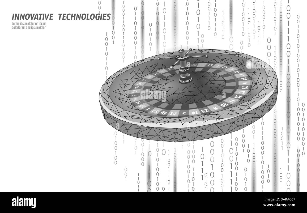 Roue de roulette numérique low poly. Le fond de code binaire ajoute une sensation technologique moderne. Concepts d'investissement fintech de jeu en ligne. Low poly art futuriste Illustration de Vecteur