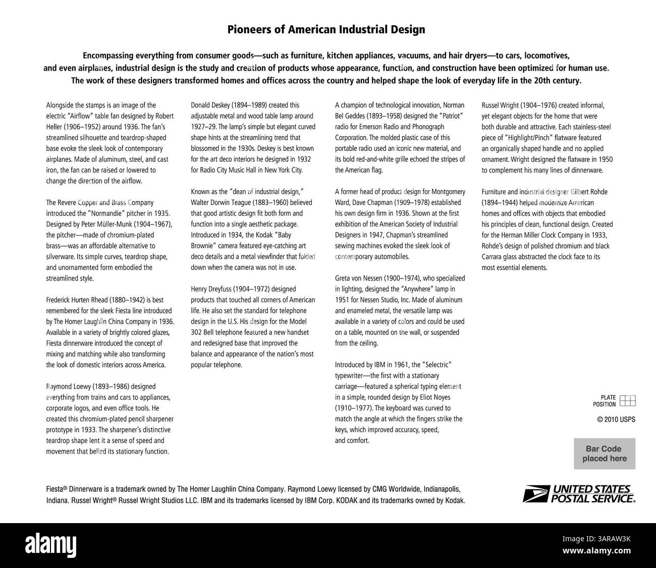 08 juin 2011 - New York, New York, États-Unis - le panneau de timbre des pionniers du design industriel américain rend hommage à 12 des designers industriels les plus importants et les plus influents du pays. Englobant tout, des meubles et des appareils de cuisine électriques aux immeubles de bureaux et aux trains de voyageurs, le travail de ces designers a contribué à façonner le look de la vie quotidienne au XXe siècle. Les timbres Pioneers of American Industrial Design Forever seront dédiés au Cooper-Hewitt National Design Museum, 2 East 91st à New York à 11 heures juin 29. L’événement est gratuit et ouvert au public. ( Banque D'Images