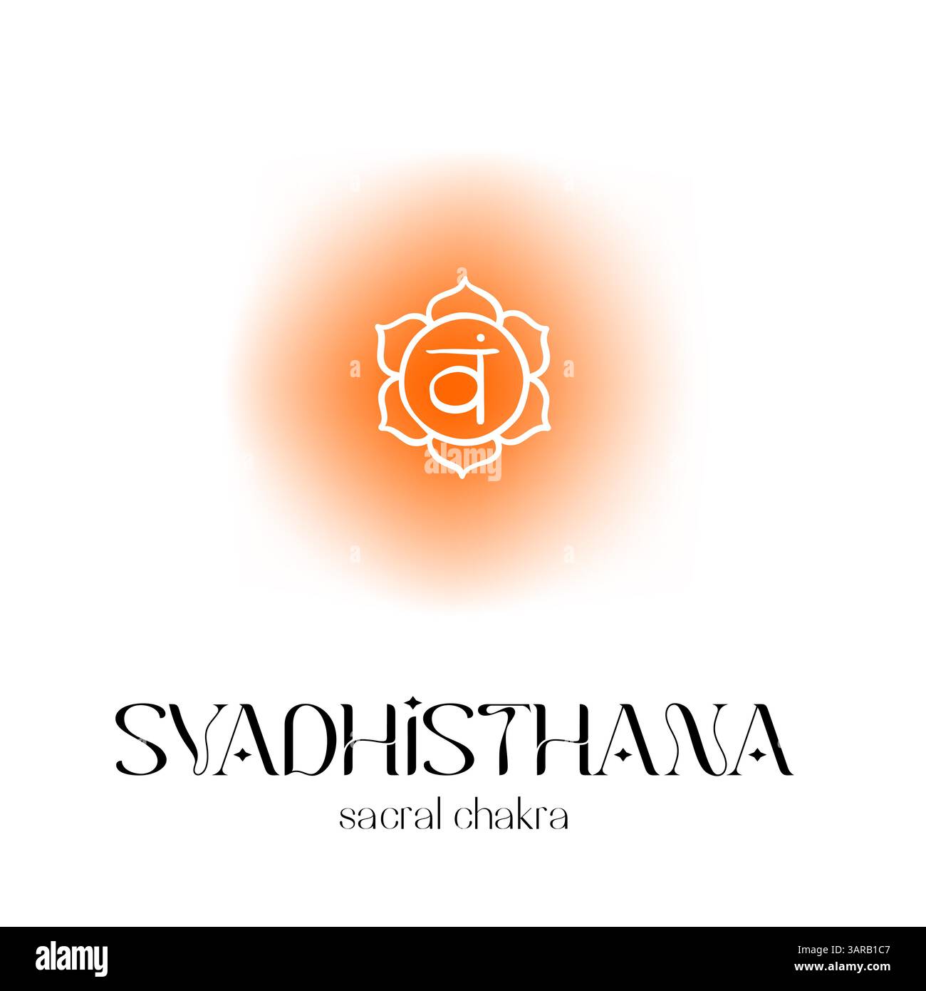 Symbole du chakra sacré orange avec texte sanskrit syadhisthana et énergie rayonnante Illustration de Vecteur
