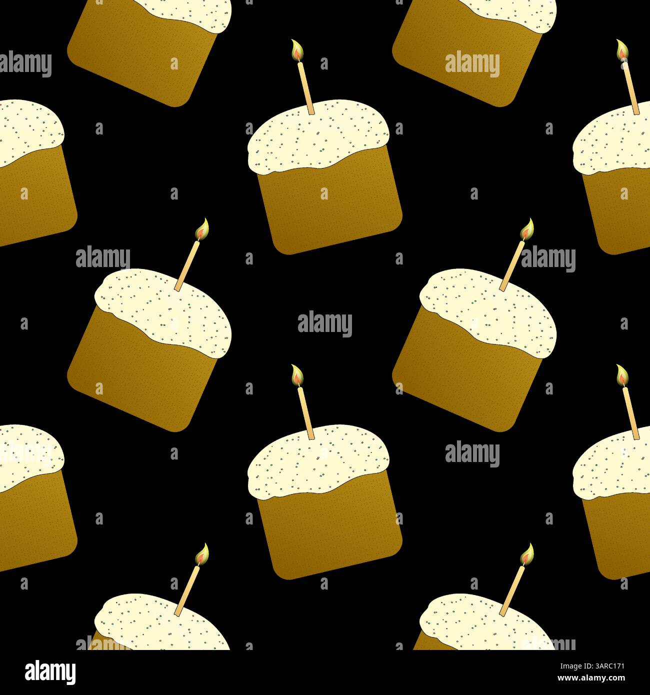 Motif sans couture avec gâteau de Pâques religieux traditionnel - kulich - avec glaçage blanc, saupoudres, et bougies allumées sur un fond noir. Dessin animé fl Illustration de Vecteur