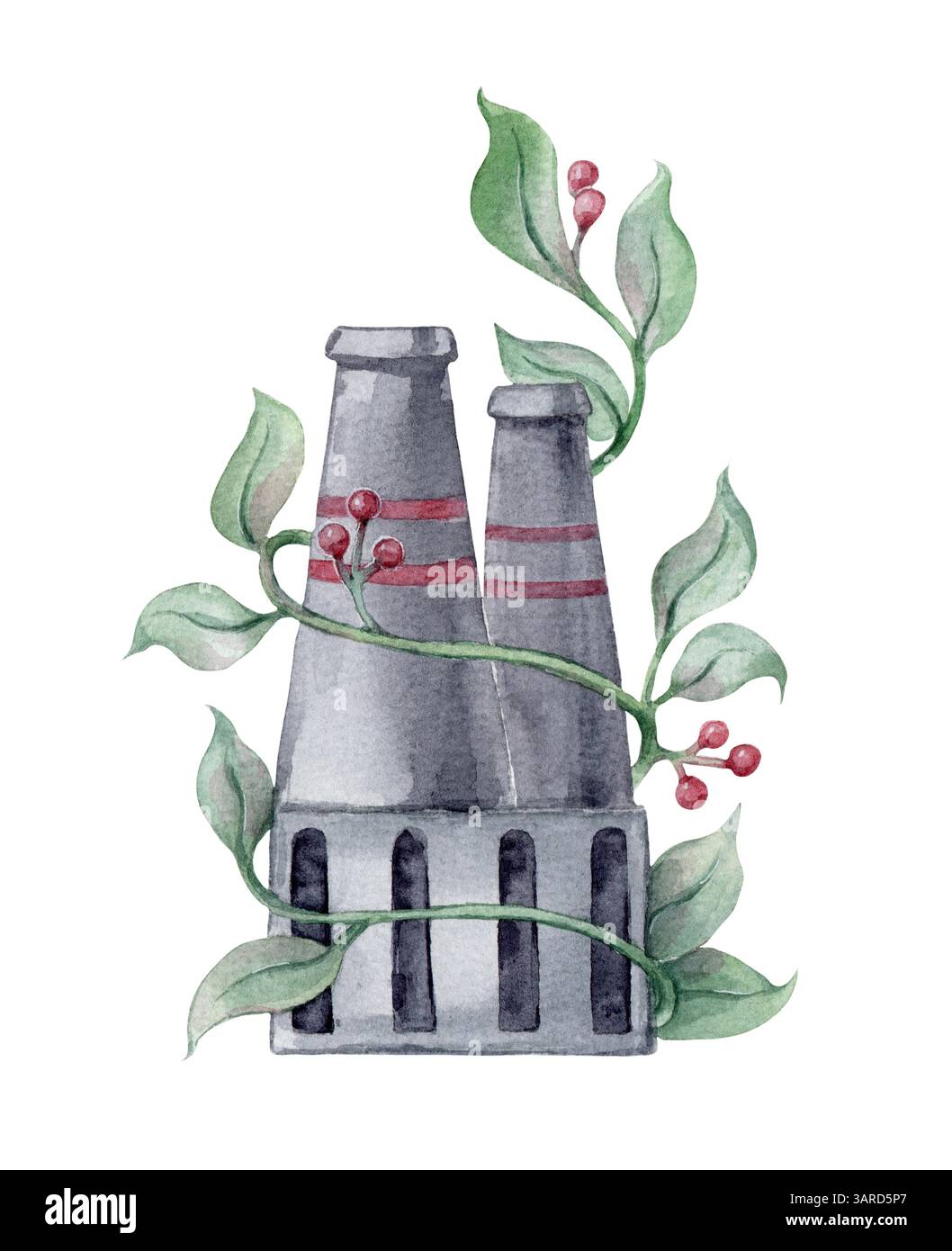 Illustration aquarelle d'une usine abandonnée avec des tuyaux enchevêtrés par des vignes Banque D'Images