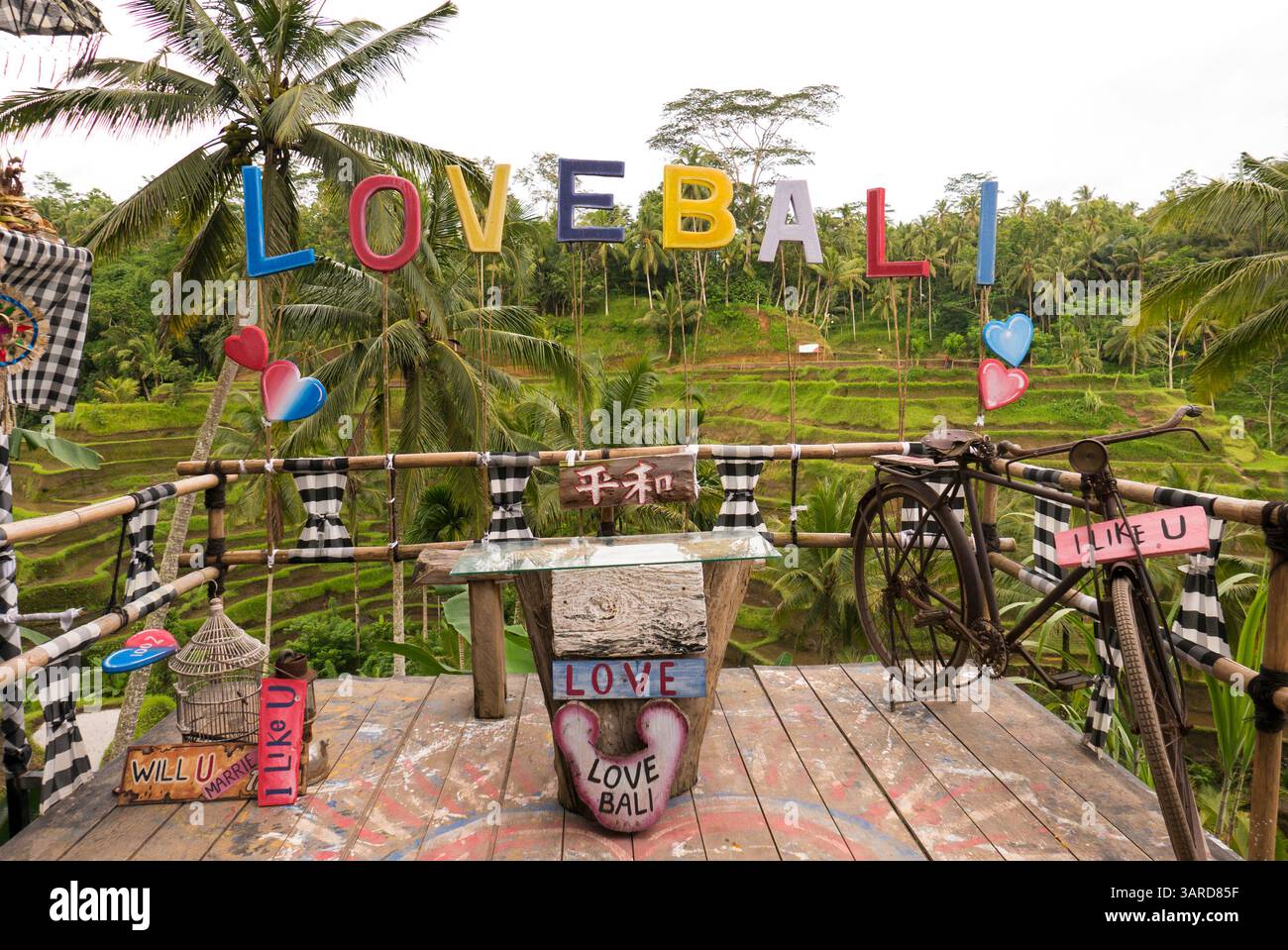 Romantique Bali rizière terrasse avec décorations sur le thème de l'amour. Banque D'Images